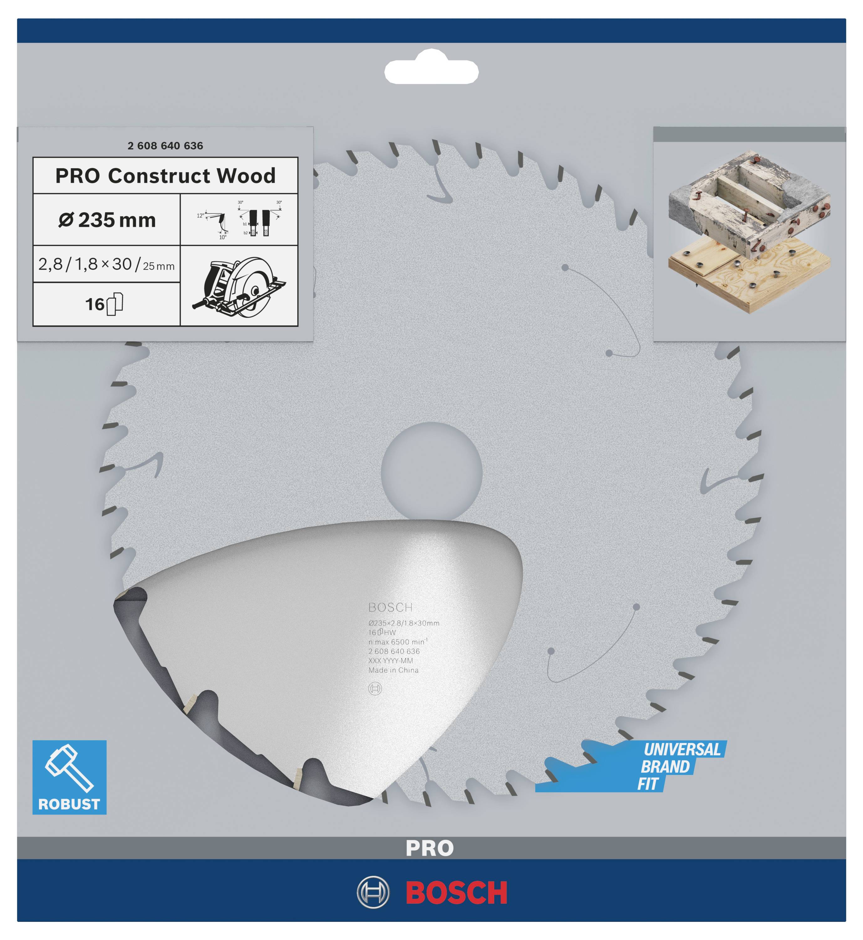 Kreissägeblatt-Pro Construct Wood, 235 mm Durchmesser, 2,8/1,8 mm Dicke, 30 mm Bohrung, für Holz, inklusive Montageanleitung.