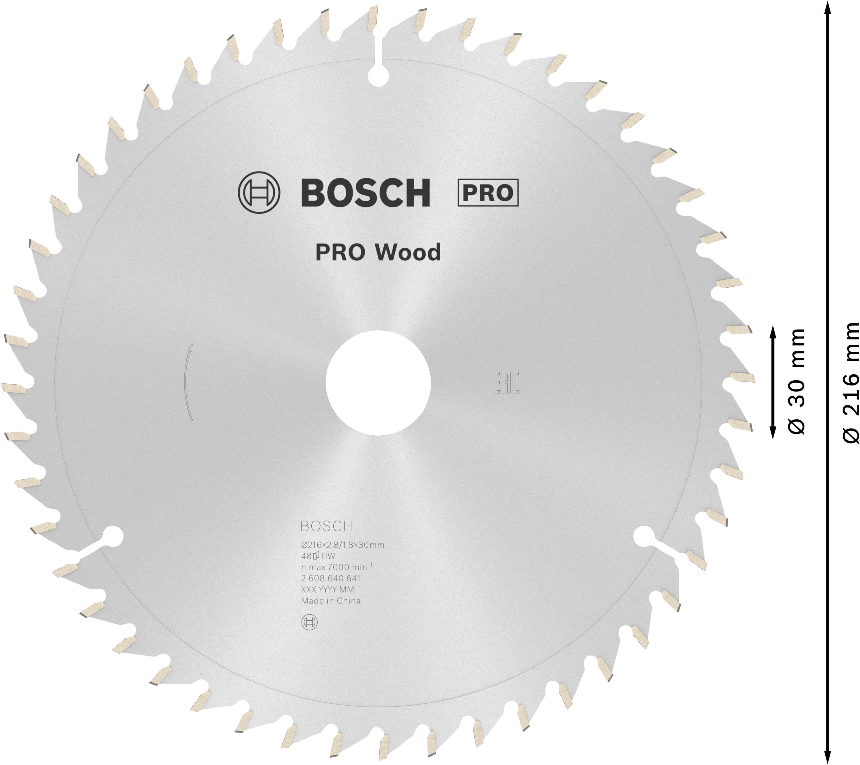 Sägeblatt 'BOSCH PRO Wood' für Holzarbeiten, Durchmesser 216 mm, Bohrung 30 mm, mit 48 Zähnen. Geeignet für professionelle Anwendungen.
