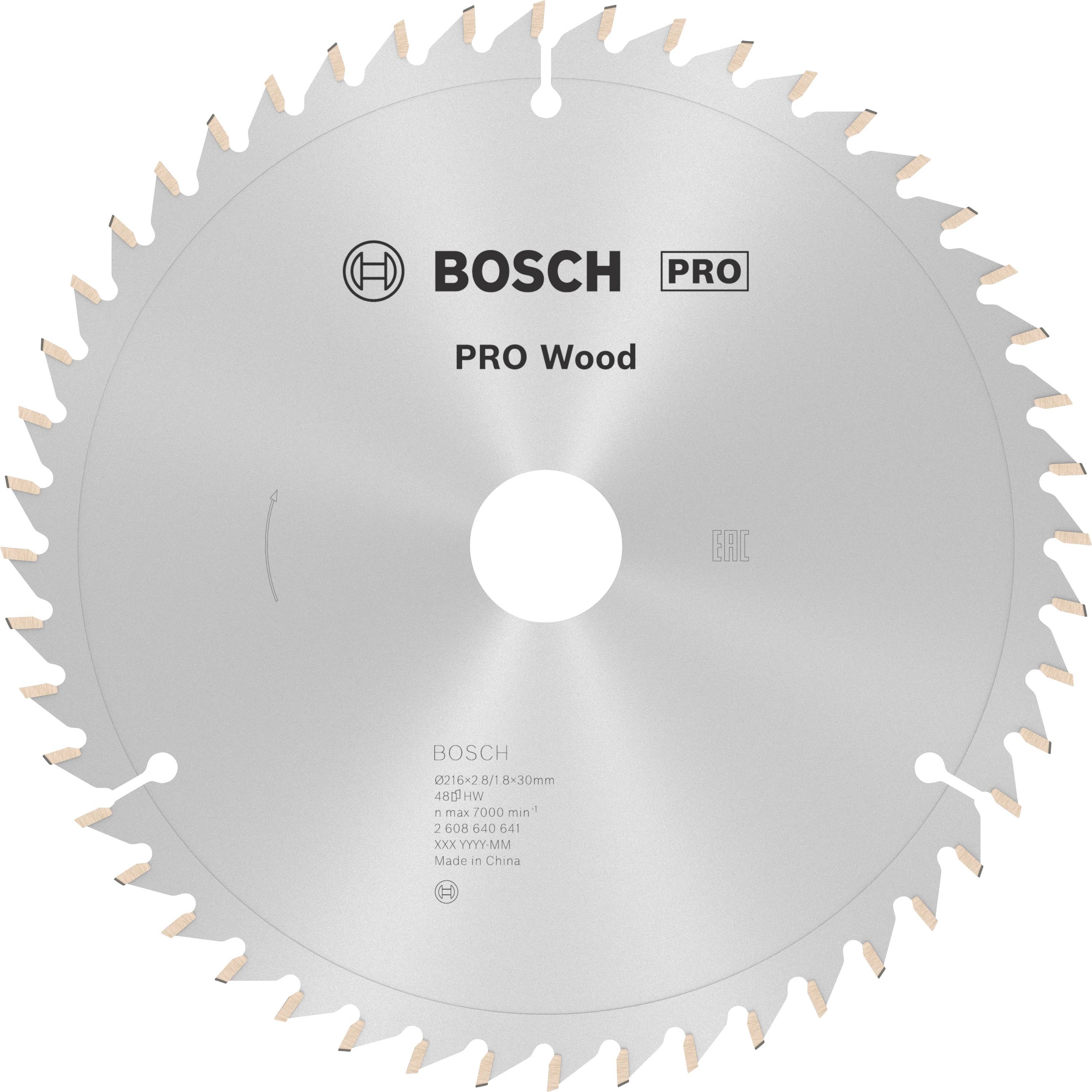 Kreissägeblatt mit Bosch-Logo und Aufschrift 'PRO Wood'. Geeignet für Holzarbeiten, Durchmesser 216 mm, 48 Zähne, Material: HM.