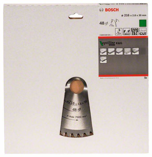 Kreissägeblatt von Bosch für Holz, 216 x 30 mm, 48 Zähne, drehzahlmax 7000 U/min. Verpackung mit Produktabbildung und Spezifikationen.