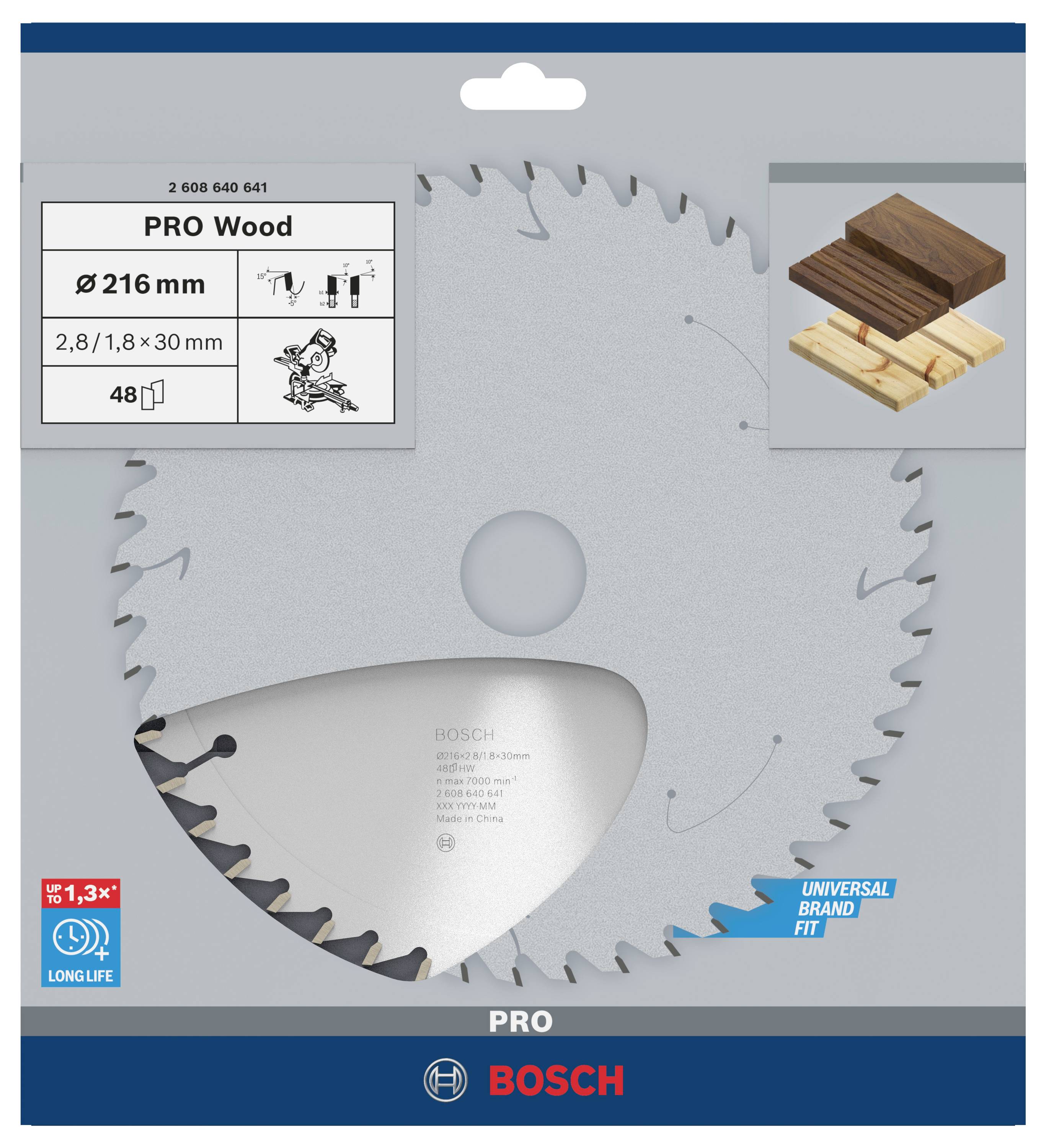 Kreissägeblatt für Holz, Durchmesser 216 mm, 48 Zähne. Verpackung zeigt Holzschnitt-Diagramm. Marke Bosch, geeignet für professionelle Anwendungen.