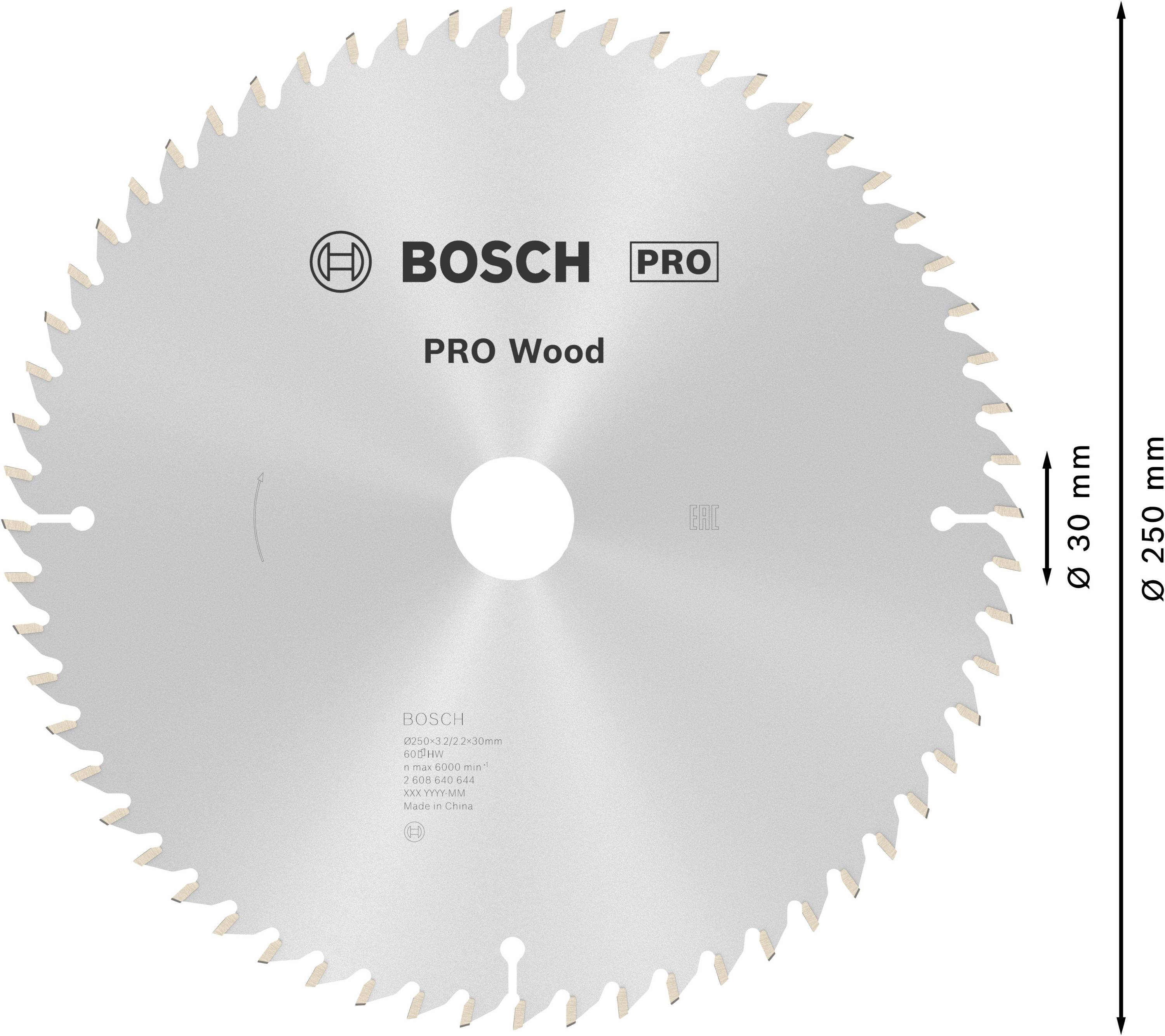 Kreissägeblatt mit 48 Zähnen für Holz. Beschriftung 'BOSCH PRO Wood'. Durchmesser: 250 mm, Bohrung: 30 mm.