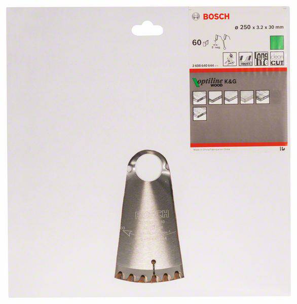 Sägeblatt für Holzarbeiten, Bosch Optiline, 250 x 3,2 x 30 mm, Abbildung von Sägeanwendung, graue Verpackung mit roten Details.