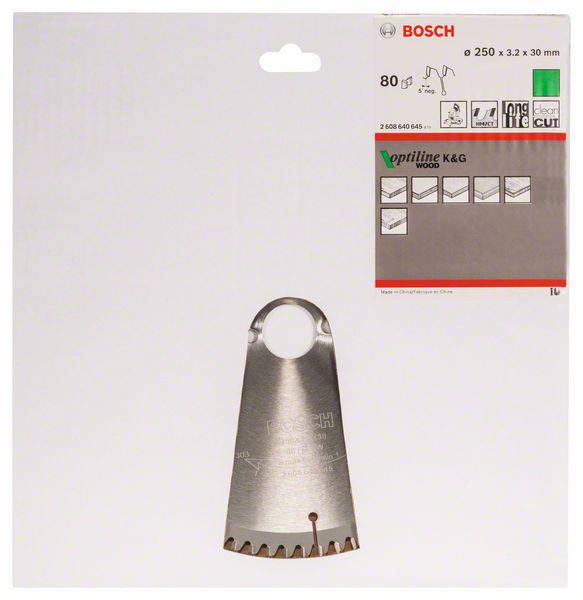 Metallsägeblatt 'Optiline Wood' von Bosch, Durchmesser 250 x 3,2 x 30 mm, 80 Zähne, geeignet zum Schneiden von Holz.