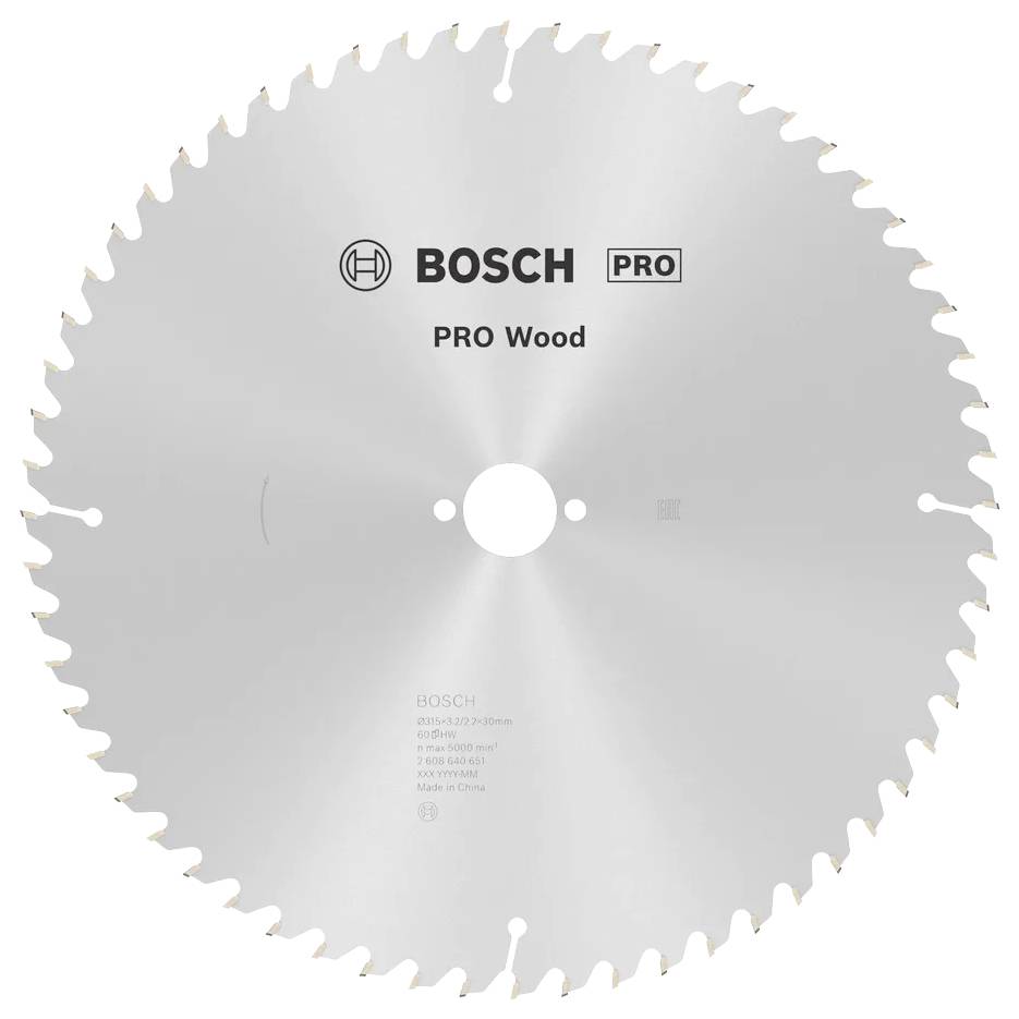 Eine Kreissägeblatt mit dem Aufdruck 'BOSCH PRO Wood', entwickelt zum Schneiden von Holz, mit scharfen Zähnen entlang seiner Kante.