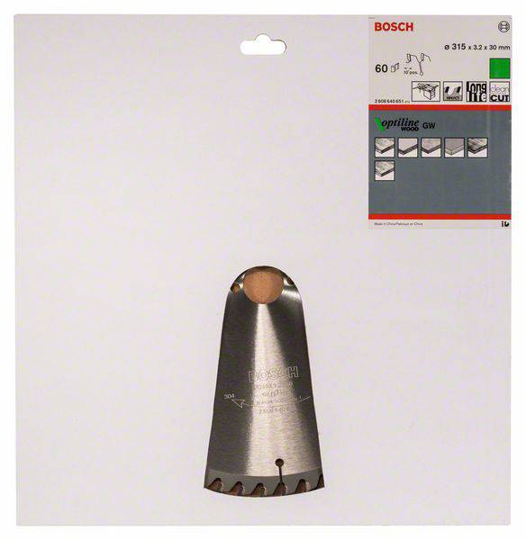 Verpackung eines Bosch-Kreissägeblatts mit spezifischen Details wie Größe 315 x 3,2 x 30 mm, 60 Zähne, geeignet für Holzschnitt.