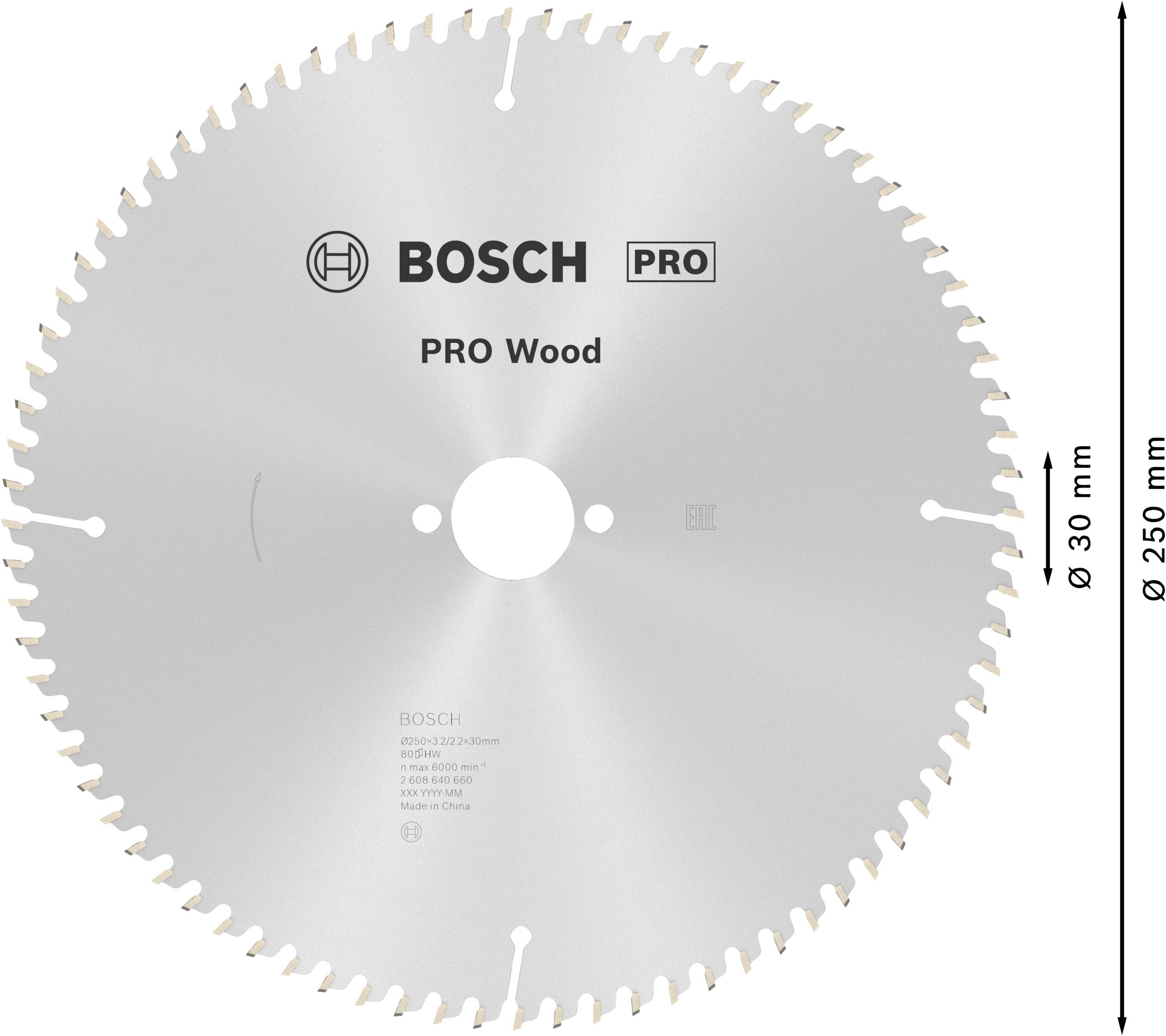Kreissägeblatt mit 80 Zähnen für professionelles Holzschneiden, Durchmesser 250 mm, Bohrung 30 mm, Marke Bosch Pro Wood.