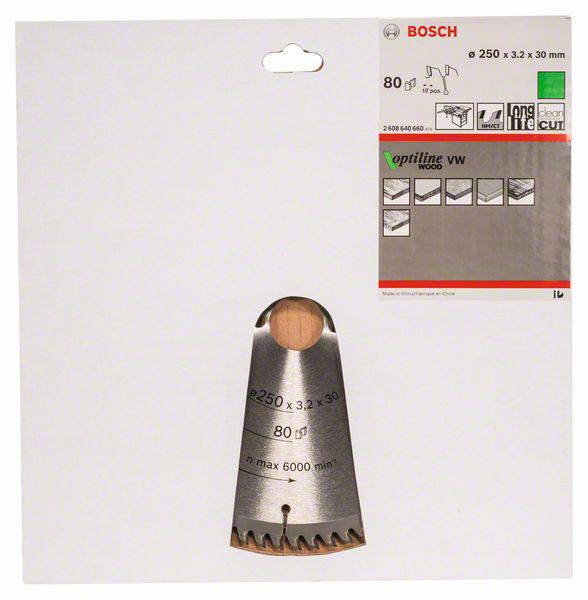 Verpackung eines Bosch Sägeblatts für Holz mit den Maßen Ø 250 x 3,2 x 30 mm. Enthält Grafiken, Datenblätter und Logos.