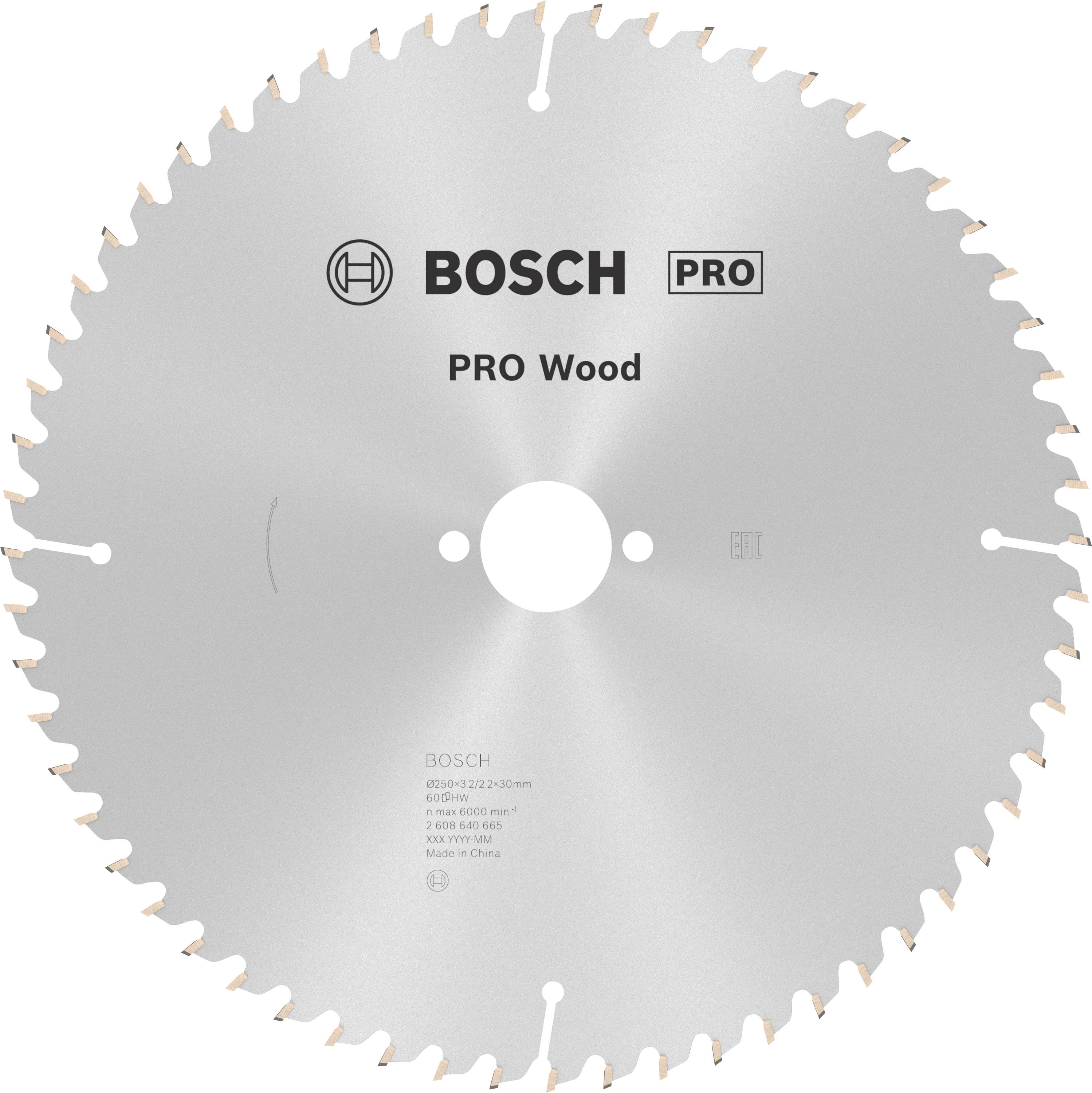 Sägeblatt der Marke Bosch, beschriftet mit 'Pro Wood', geeignet für Holzarbeiten, Durchmesser und Spezifikationen angegeben.