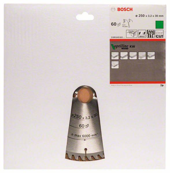 Verpackung einer Bosch Kreissägeblatt 'Optiline Wood', 250 x 3,2 x 30 mm, geeignet für Holzarbeiten; Schaubild verschiedener Schnittarten.