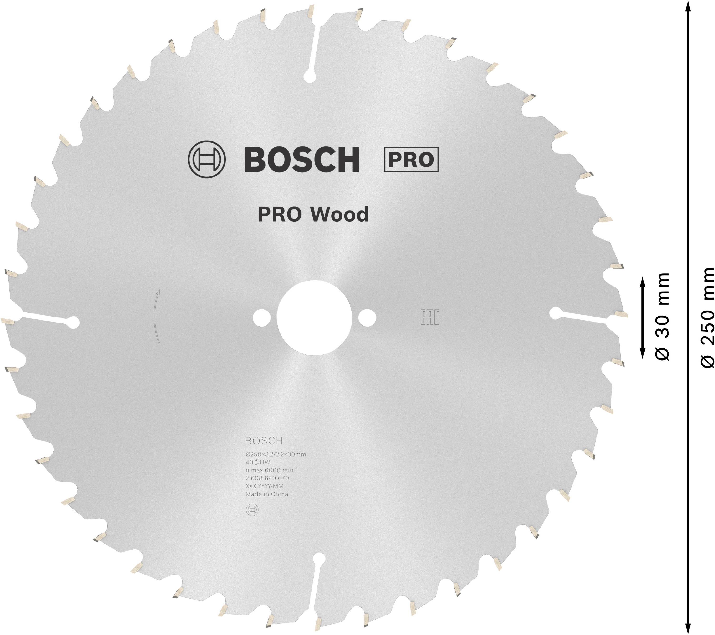 Kreissägeblatt mit Aufschrift 'BOSCH PRO Wood', Durchmesser 250 mm, Bohrung 30 mm, geeignet für Holzarbeiten.