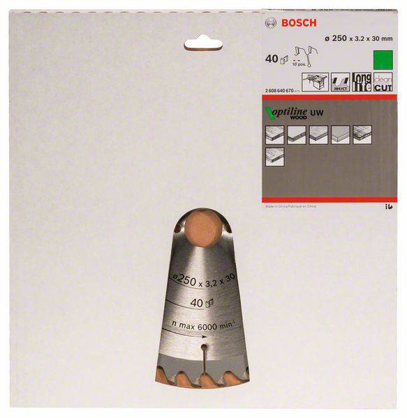 Verpackung einer Bosch-Kreissägeblatt speziell für Holz. Enthält technische Details wie Größe (250 x 3,2 x 30 mm) und spezifische Anwendungen.