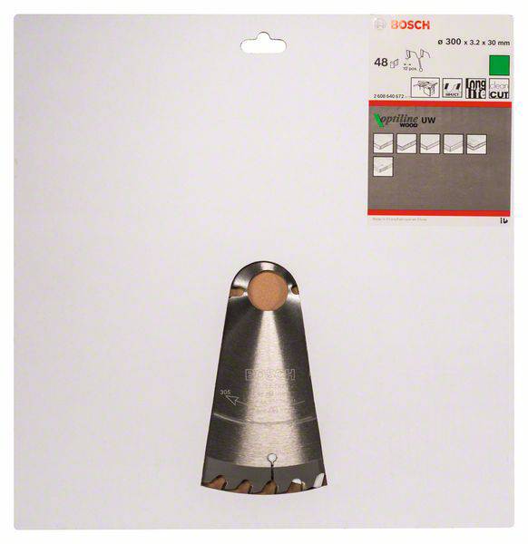 Verpackung eines Bosch Kreissägeblatts, 300 mm Durchmesser, 48 Zähne, geeignet für Holzarbeiten.