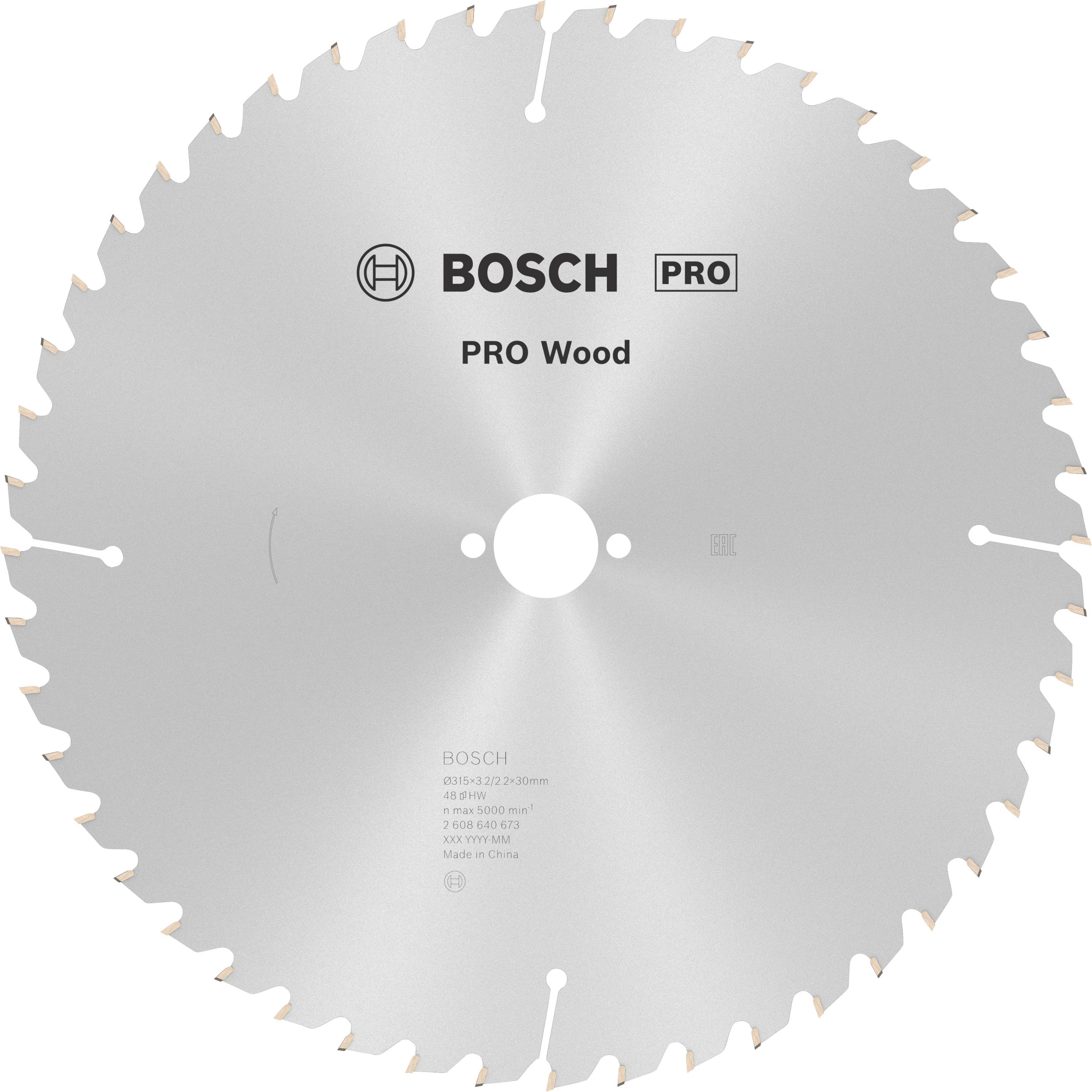 Kreissägeblatt mit 'BOSCH PRO Wood' Aufschrift, geeignet für Holzschnitt. 216 mm Durchmesser, 30 mm Bohrung, 54 Zähne.