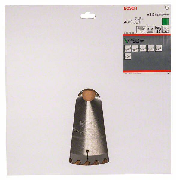 Verpackung einer Kreissäge mit 'Bosch' Logo und Details: Durchmesser 315 mm, 48 Zähne, geeignet für Holz.