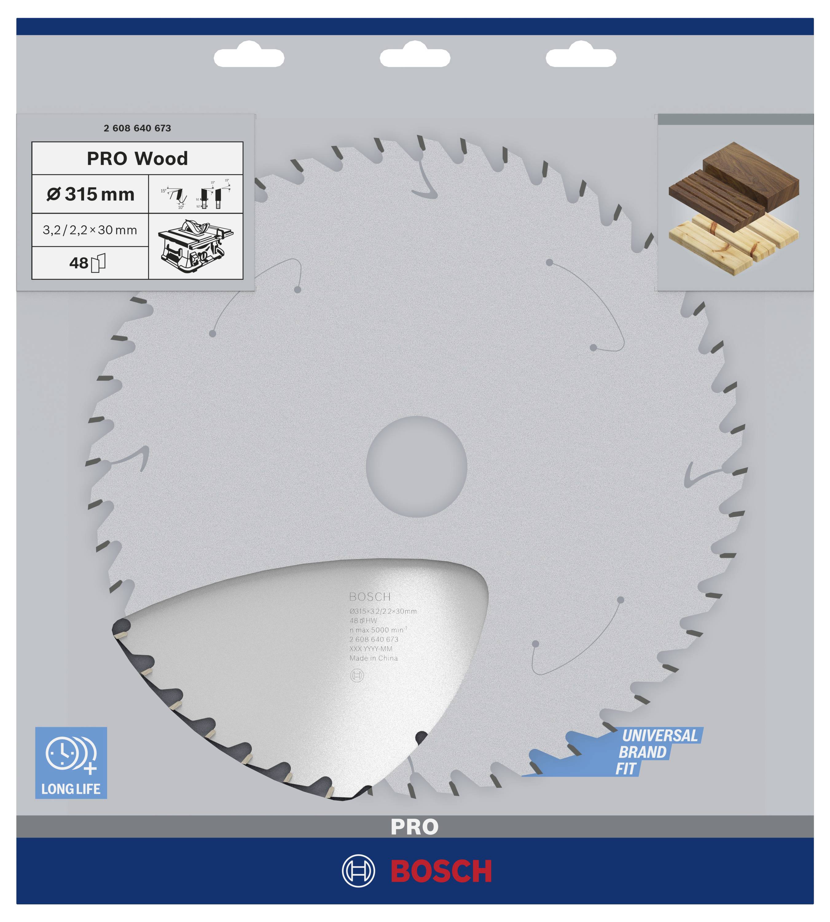 Kreissägeblatt 'Pro Wood' von Bosch, Durchmesser 315 mm, 48 Zähne, für Holzbearbeitung. Darstellung von Holzmaterialien rechts oben.
