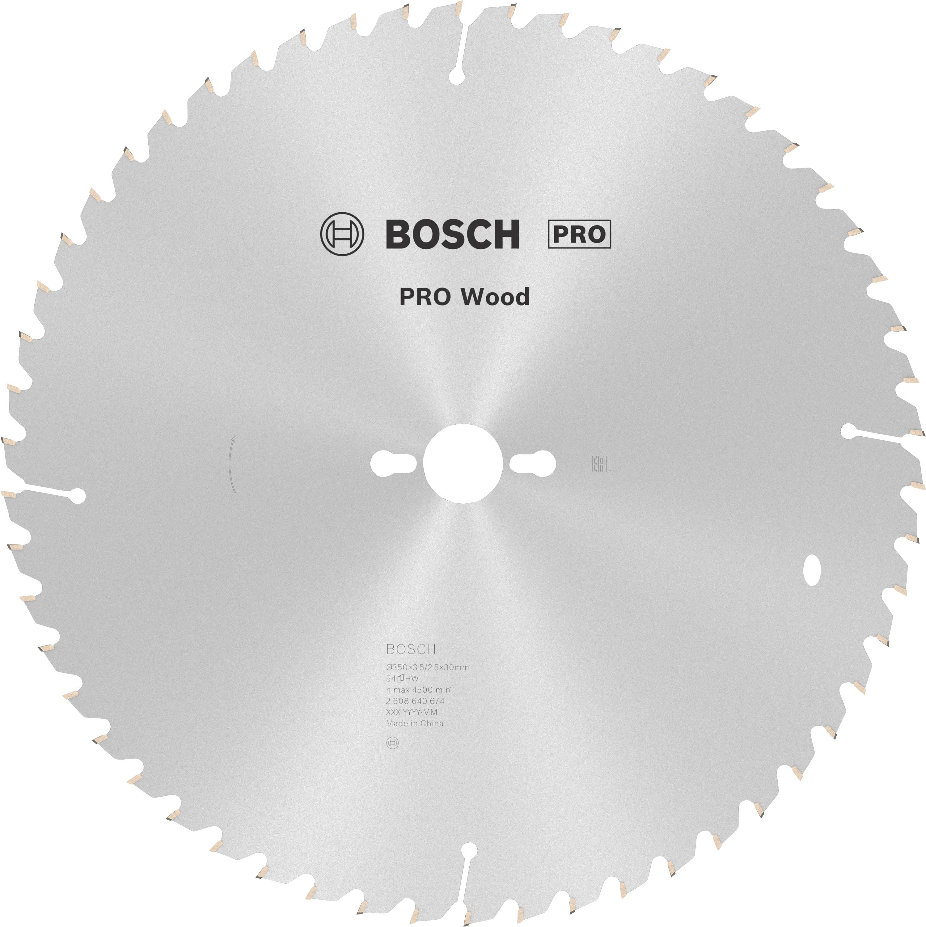 Kreissägeblatt mit 'BOSCH PRO Wood'-Aufdruck. Geeignet für Holzarbeiten. Zahlreiche Zähne für präzises Schneiden.