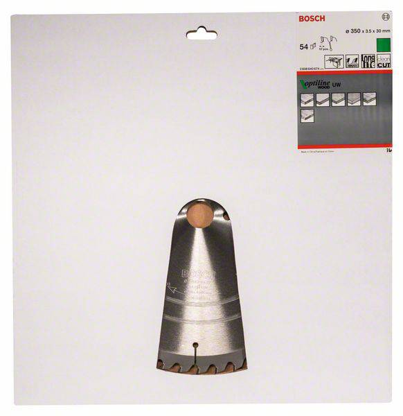 Verpackung eines Bosch-Sägeblatts, 350 mm Durchmesser, für Holz, Metall und Kunststoff geeignet. Enthält Cutting Life-Info, Abbildungen in symbolischer Darstellung.