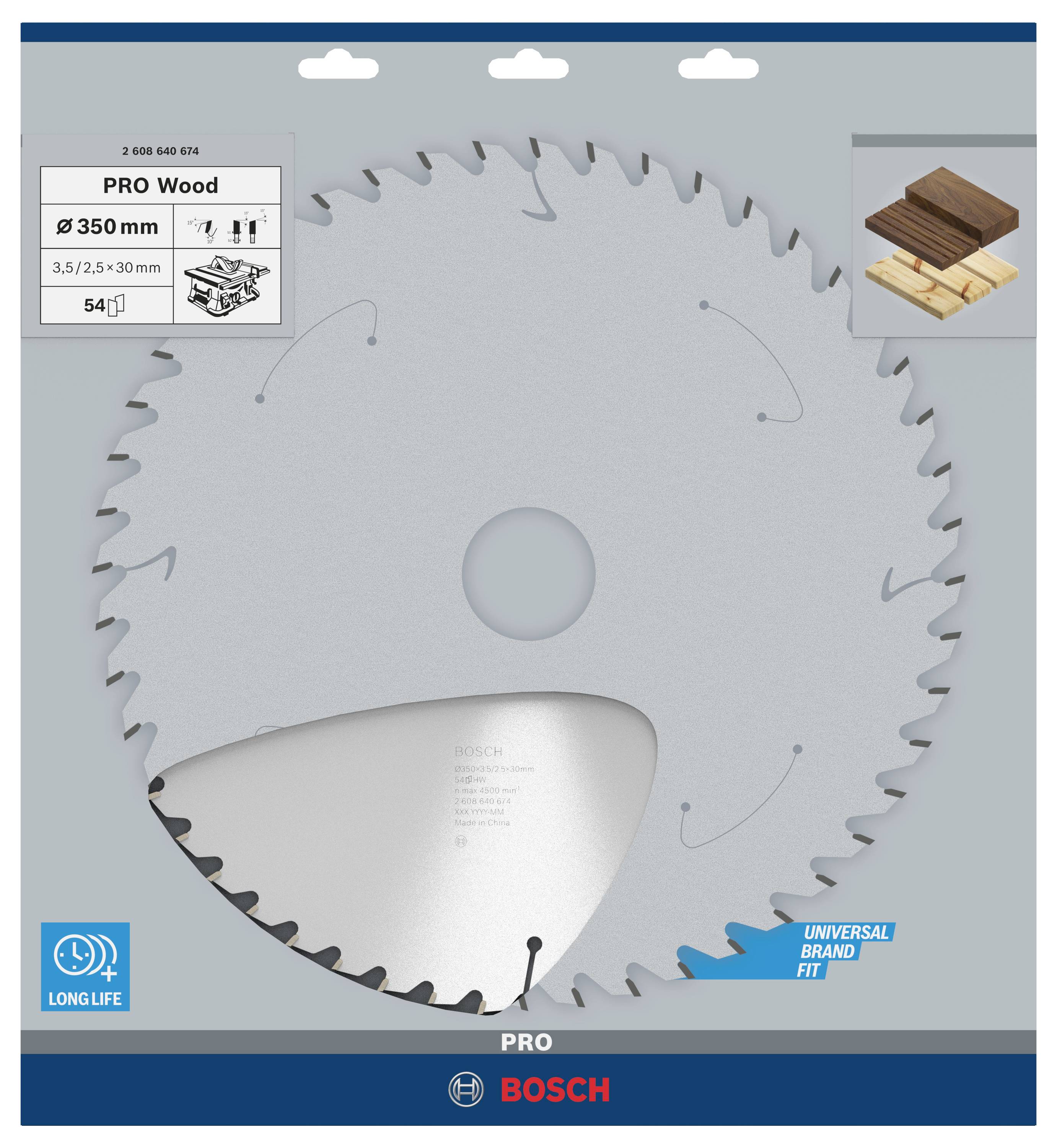 'Bosch PRO Wood' Kreissägeblatt, Durchmesser 350 mm, geeignet für Holz. Verpackung zeigt symbolische Anwendungen wie Holzbretter und -palette.