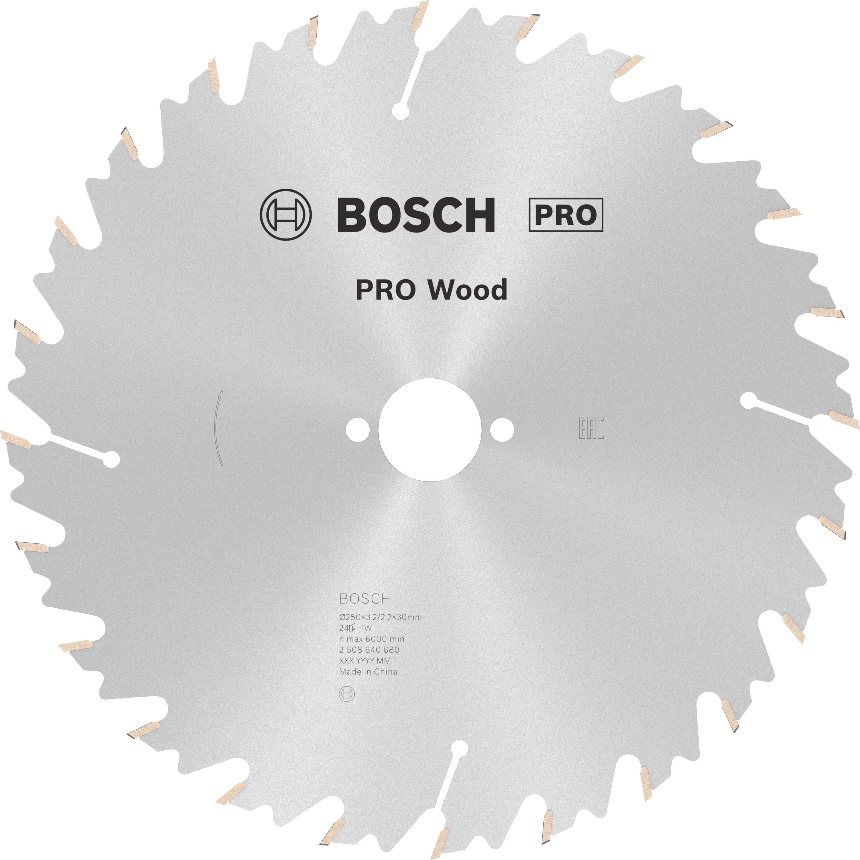 Kreissägeblatt mit der Aufschrift 'BOSCH PRO Wood', geeignet für Holzverarbeitung, silber mit Zähnen am Rand, Durchmesserangabe: 250 mm.