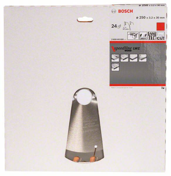 Verpackung einer Bosch Speedline LWZ Holzsägeblatt mit Produktdetails wie Abmessungen, Anzahl der Zähne und Holzverwendung.