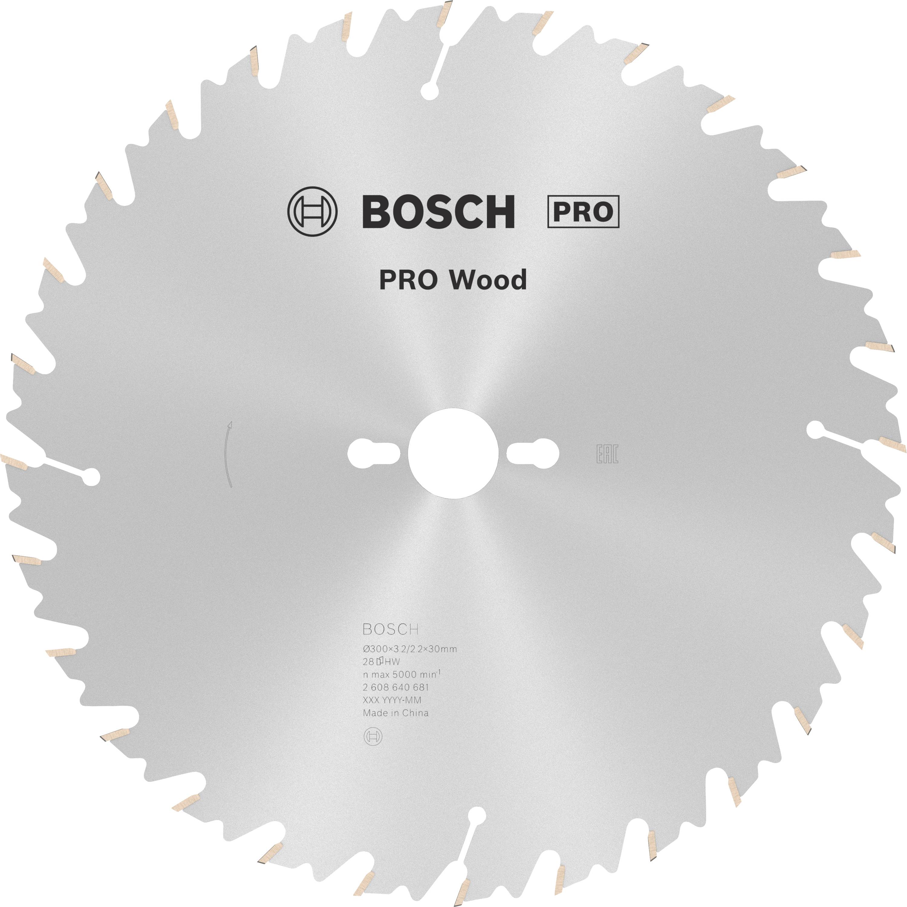 Kreissägeblatt von Bosch, gekennzeichnet mit 'Pro Wood'. Silbernes, rundes Blatt, vor einem weißen Hintergrund gezeigt.
