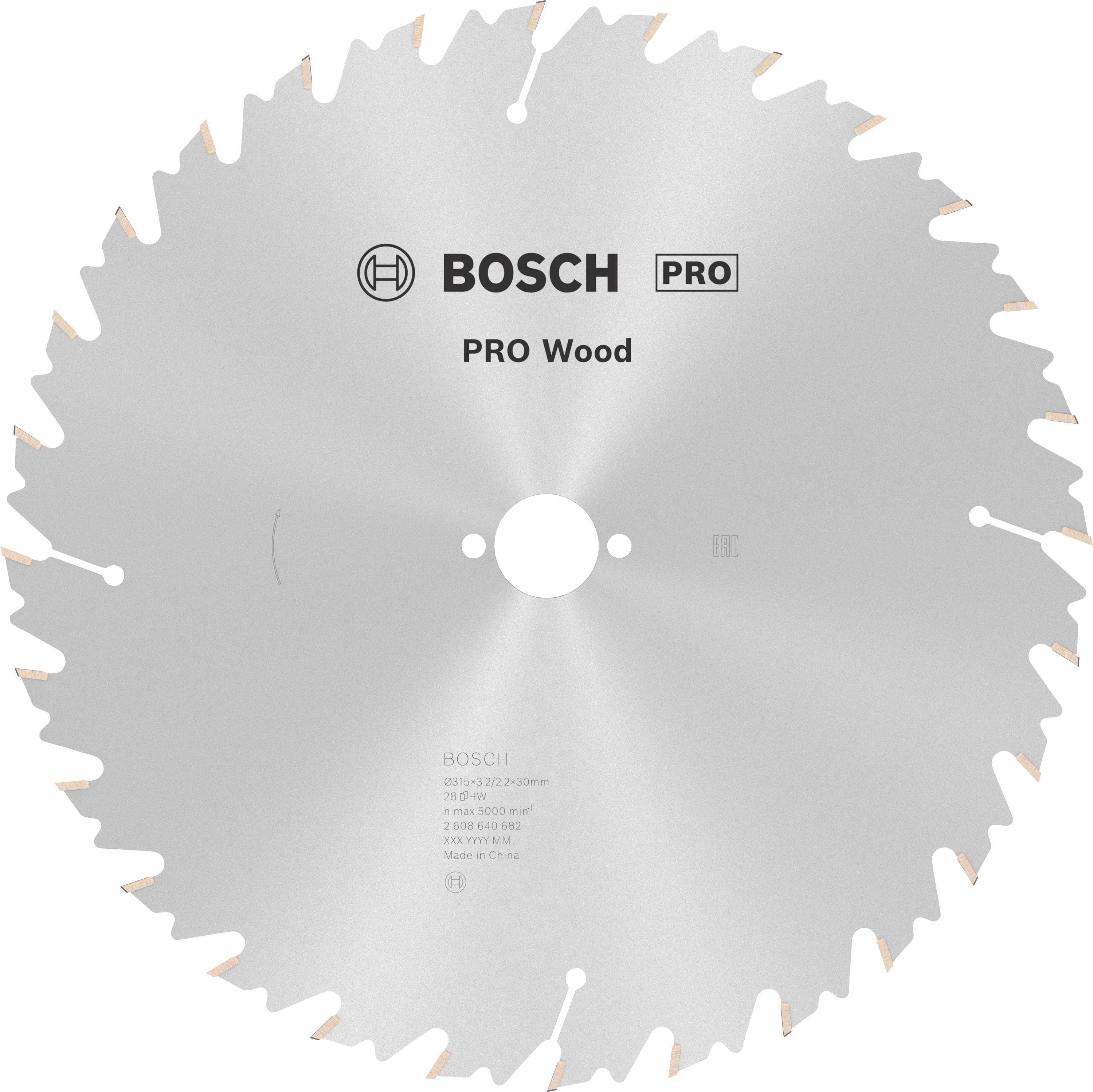 Kreissägeblatt mit Aufschrift 'BOSCH PRO Wood', geeignet für Holzarbeiten. Silberne Farbe mit vielen gleichmäßig verteilten Zähnen.
