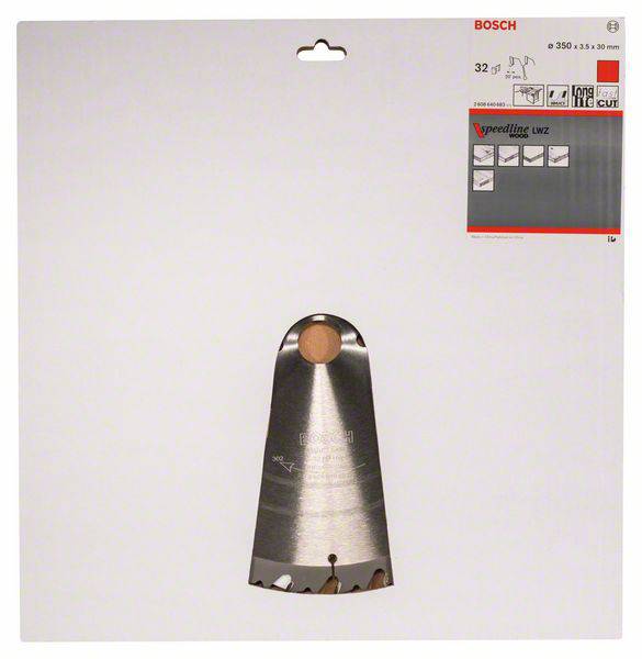 Verpackung einer Bosch-Kreissägeblattscheibe, Durchmesser 350 mm, geeignet für Holzarbeiten, abgebildet mit technischen Details.