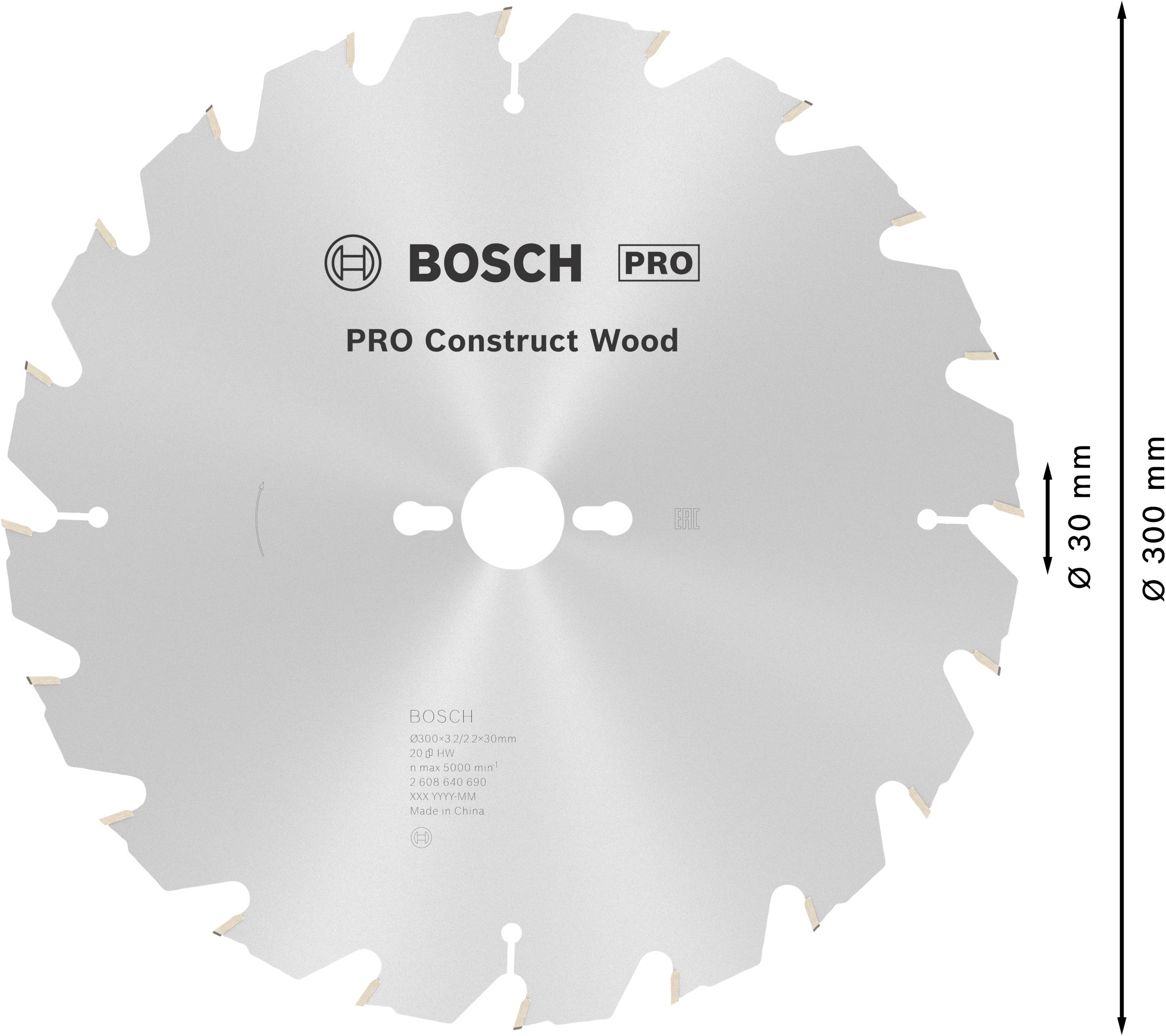 Kreissägeblatt mit 48 Zähnen, Aufschrift 'BOSCH PRO Construct Wood', Durchmesser 300 mm, geeignet für Holzkonstruktionen.