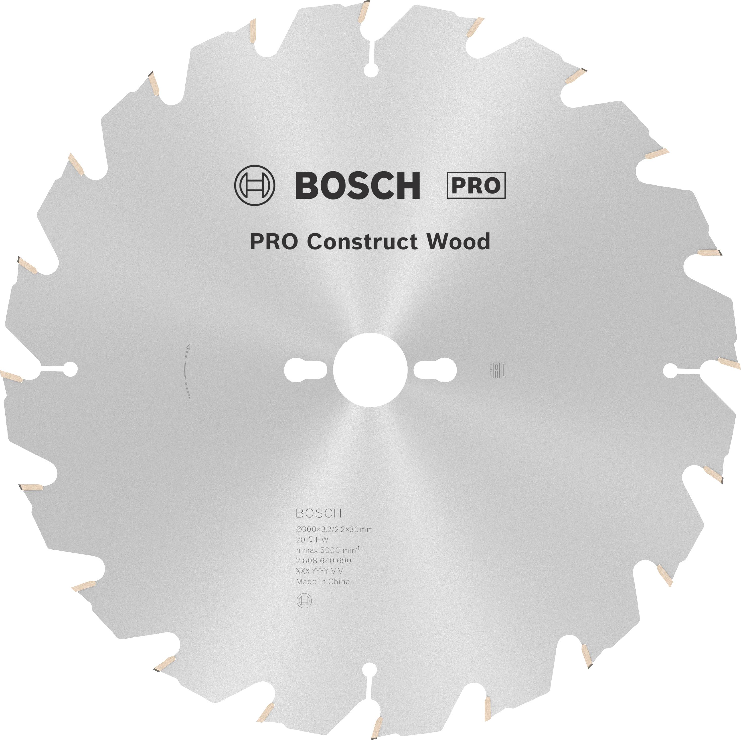 Ein silbernes Kreissägeblatt mit der Aufschrift 'BOSCH PRO Construct Wood', für Holzbearbeitung konzipiert.