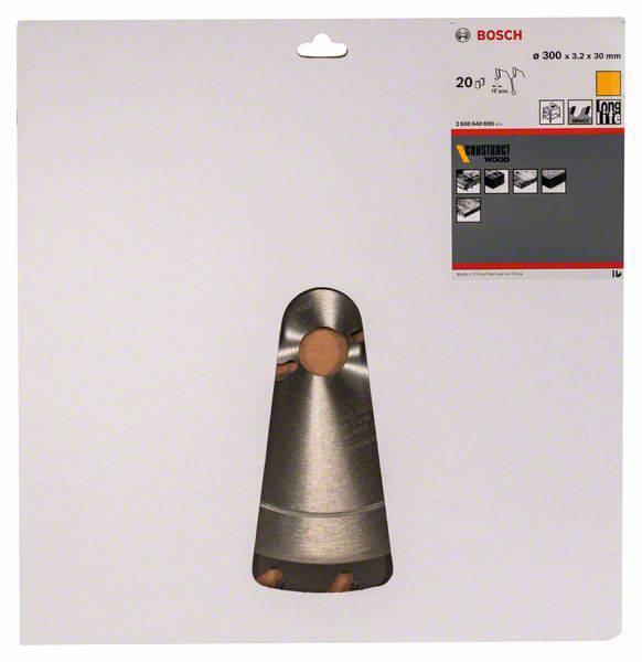 Verpackung einer Bosch Sägeblatt-Set für Holz, 300 x 3,2 x 30 mm. Zeigt drei Blätter mit Etiketten für verschiedene Holzarten.