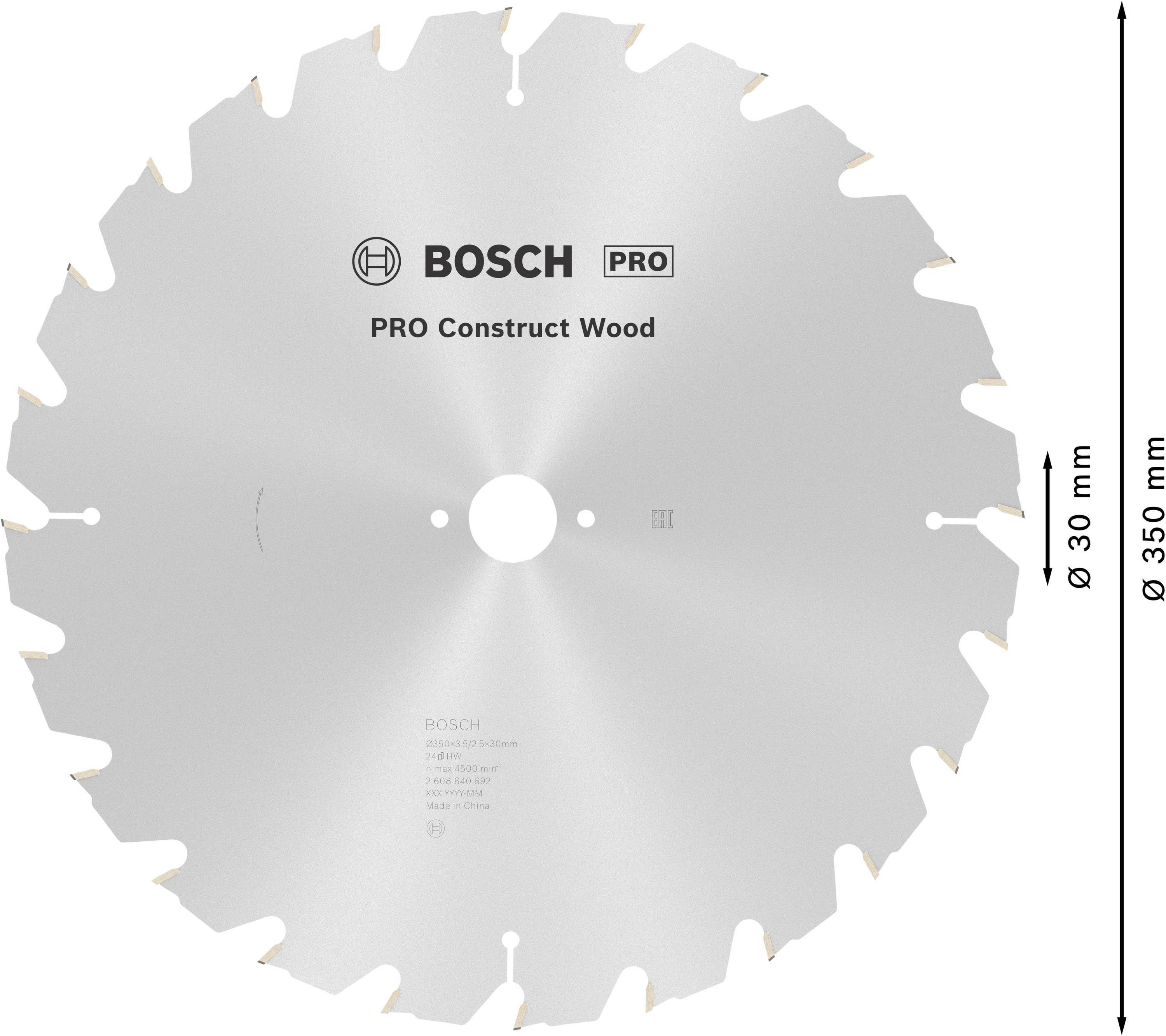 Kreissägeblatt mit 24 Zähnen, Marke BOSCH PRO Construct Wood. Durchmesser: 350 mm, Bohrung: 30 mm. Geeignet für Holzarbeiten.