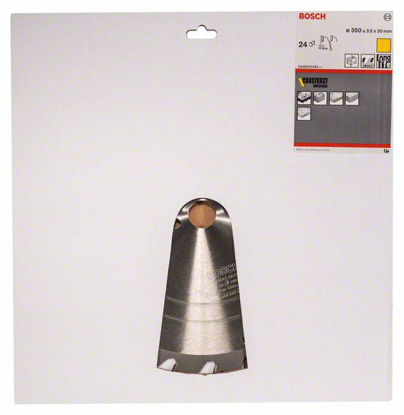 Verpackung einer Bosch Kreissägeblatt mit Abmessungen 350 x 35 x 20 mm und 24 Zähnen, geeignet für Holz, abgebildet.