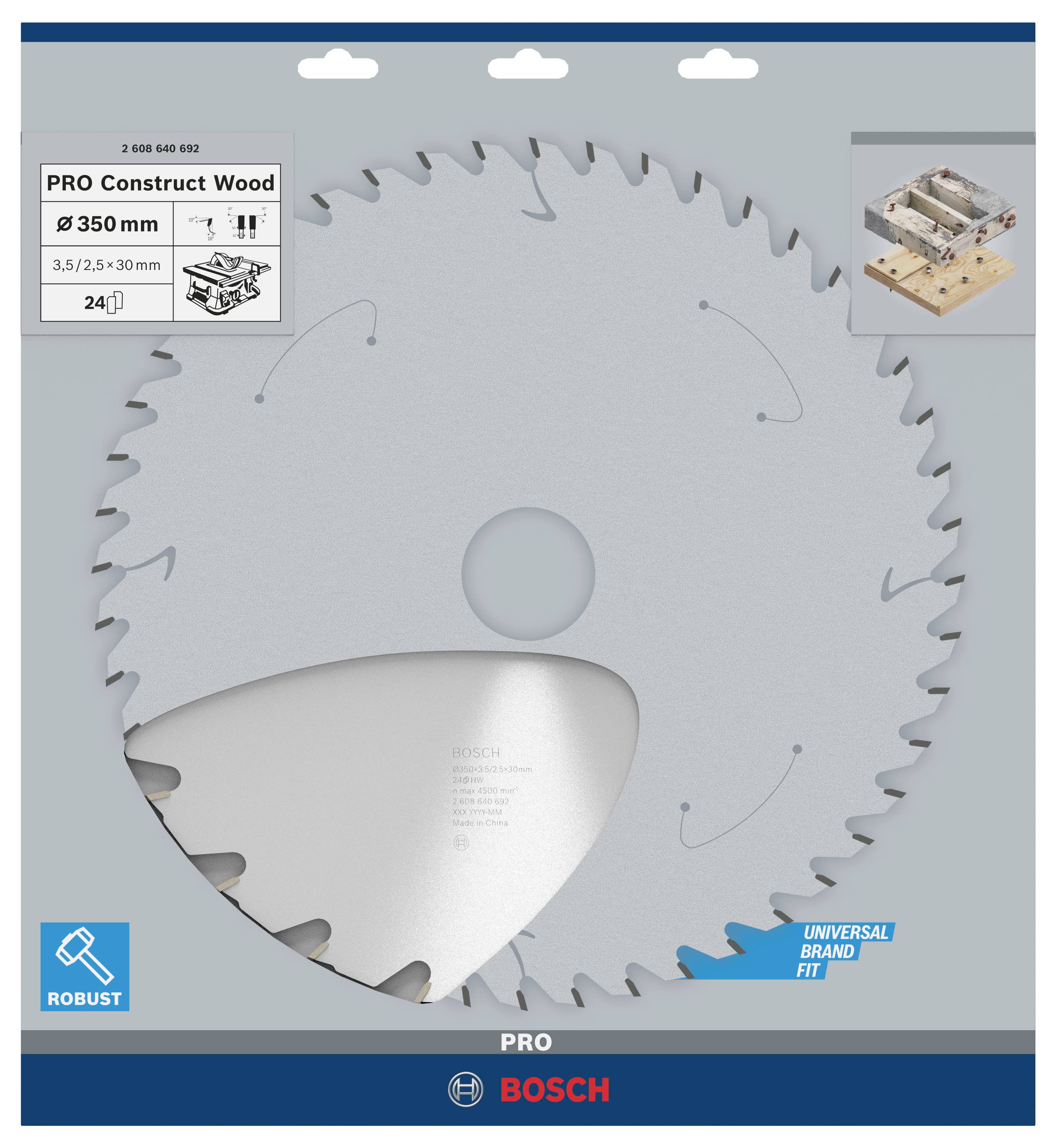 Kreissägeblatt der Marke Bosch, Modell PRO Construct Wood, Durchmesser 350 mm, geeignet für Holzarbeiten und universelle Passform.