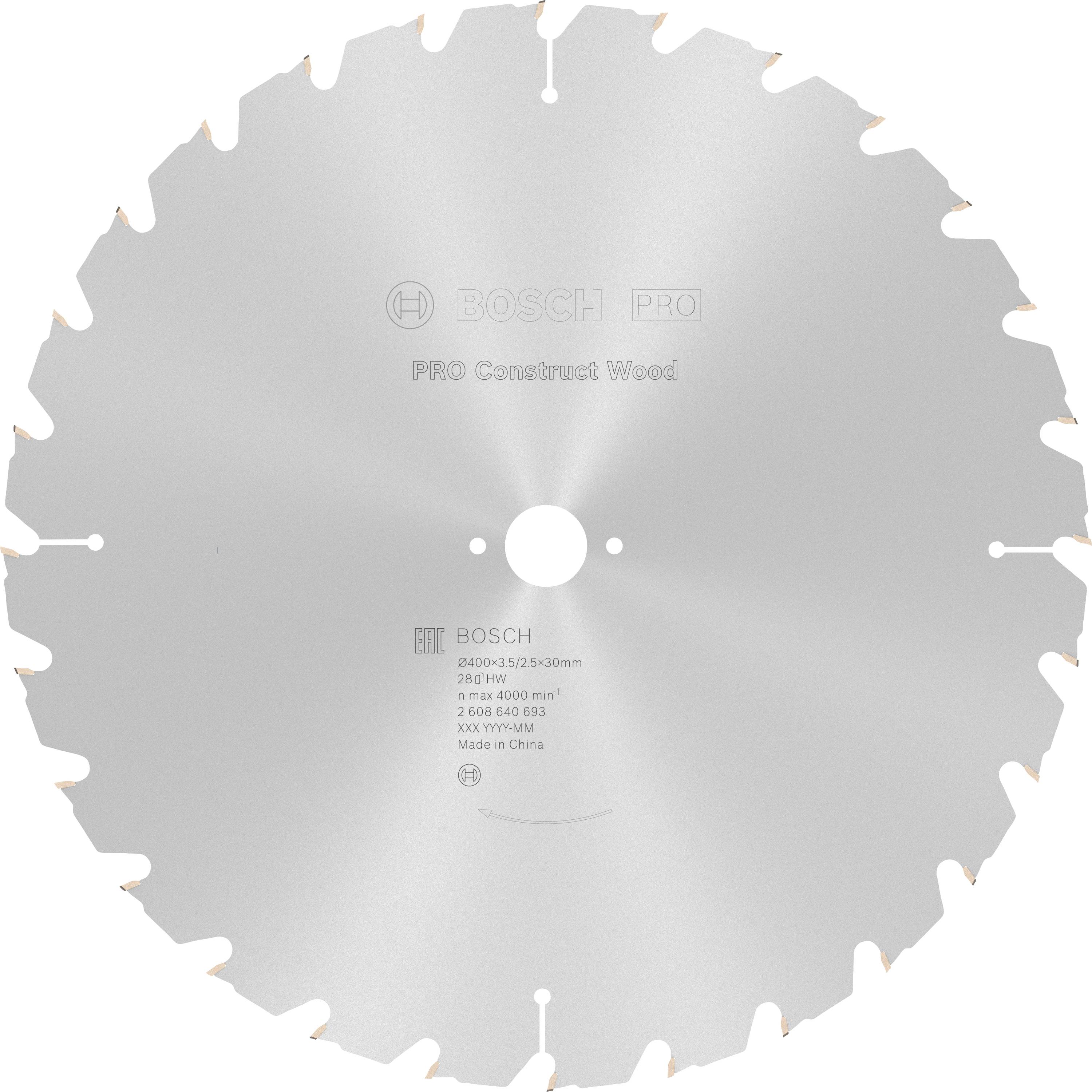 Kreissägeblatt aus Metall, markiert mit 'Pro Construct Wood', für Holzarbeiten und passend für Bosch-Maschinen.