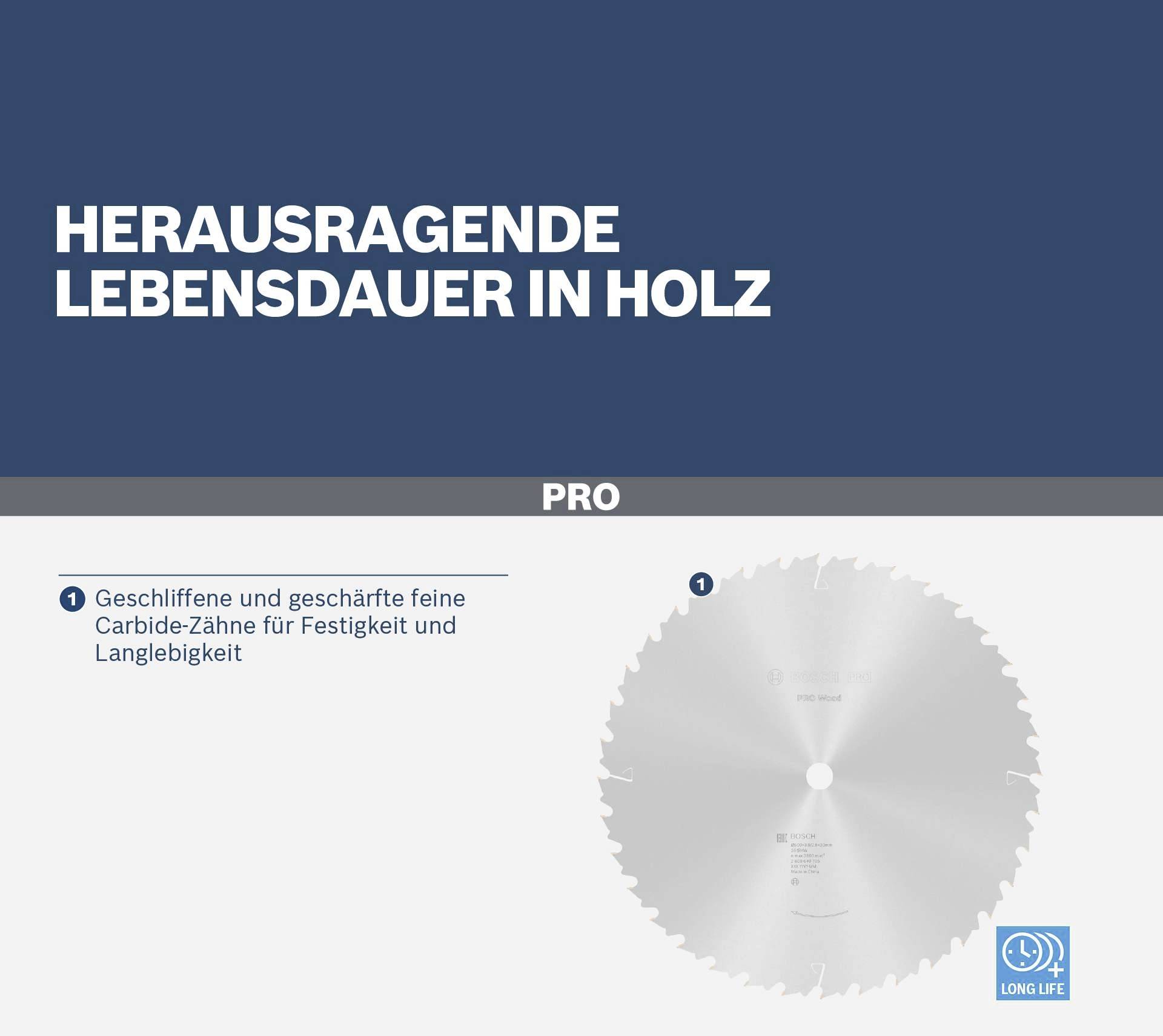 Eine silberne Kreissäge mit Carbide-Zähnen. Text: 'Herausragende Lebensdauer in Holz'. Ideal für Festigkeit und Langlebigkeit.