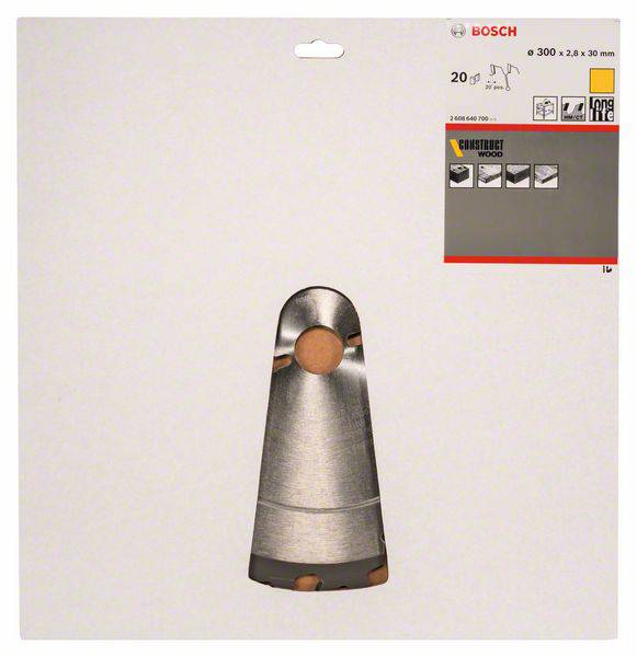 Verpackung eines Bosch Sägeblatts, 300 mm Durchmesser. Ideal für Holzbearbeitung. Zeigt Produktbild und Markendetails.