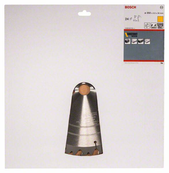 Verpackung für Bosch Kreissägeblatt, Durchmesser 350 mm, 24 Zähne, geeignet für Holzschnitte. Zeigt ein Segment des Sägeblattes.