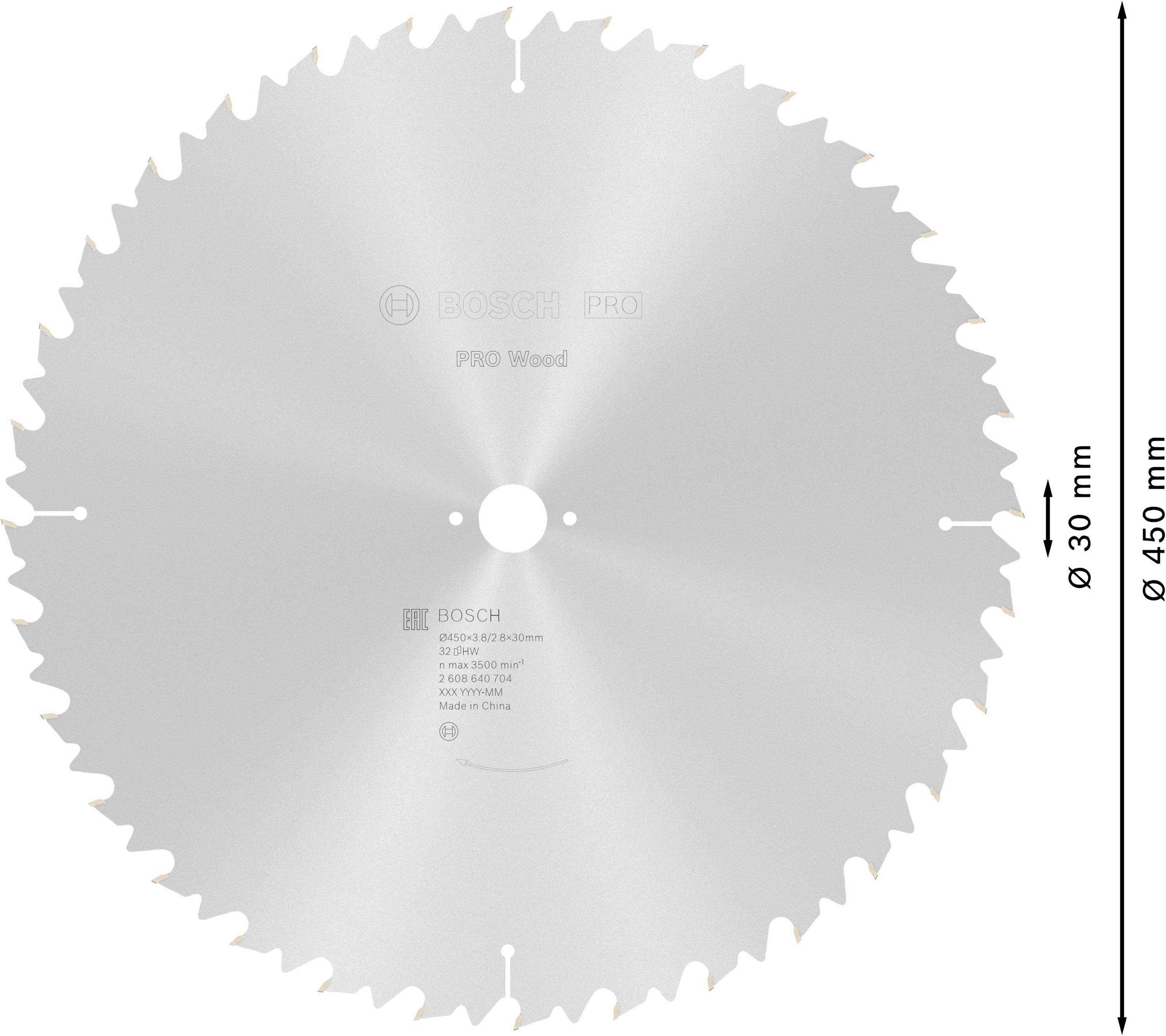Sägeblatt für Holzarbeiten von Bosch, Durchmesser 450 mm mit 30 mm Bohrung, geeignet für präzise Schnitte.