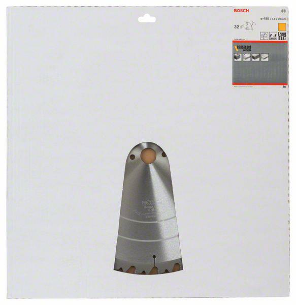 Ein Bosch Sägeblatt, geeignet für Holzarbeiten, auf weißem Hintergrund abgebildet. Oben rechts: Verpackungsinformationen und Produktbild.