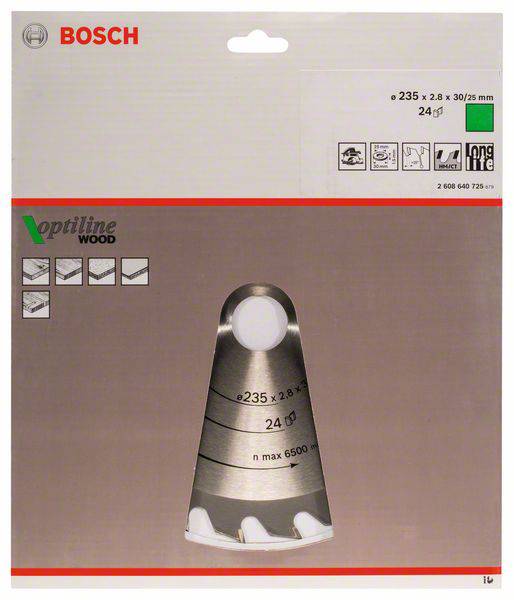 Verpackung einer Bosch Optiline Wood Sägeblatt. Abmessungen: 235 x 2,8 x 30/25 mm. 24 Zähne. Geeignet für Holz.