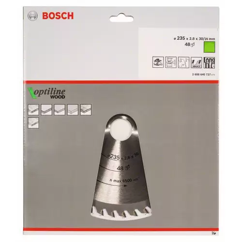 Bosch Accessories Optiline Wood 2608640727 Hartmetall Kreissägeblatt 235 x 30 x 2.8mm Zähneanzahl: 48 1St. Bosch Accessories Optiline Wood 2608640727 Hartmetall Kreissägeblatt 235 x 30 x 2.8mm Zähneanzahl: 48 1St.