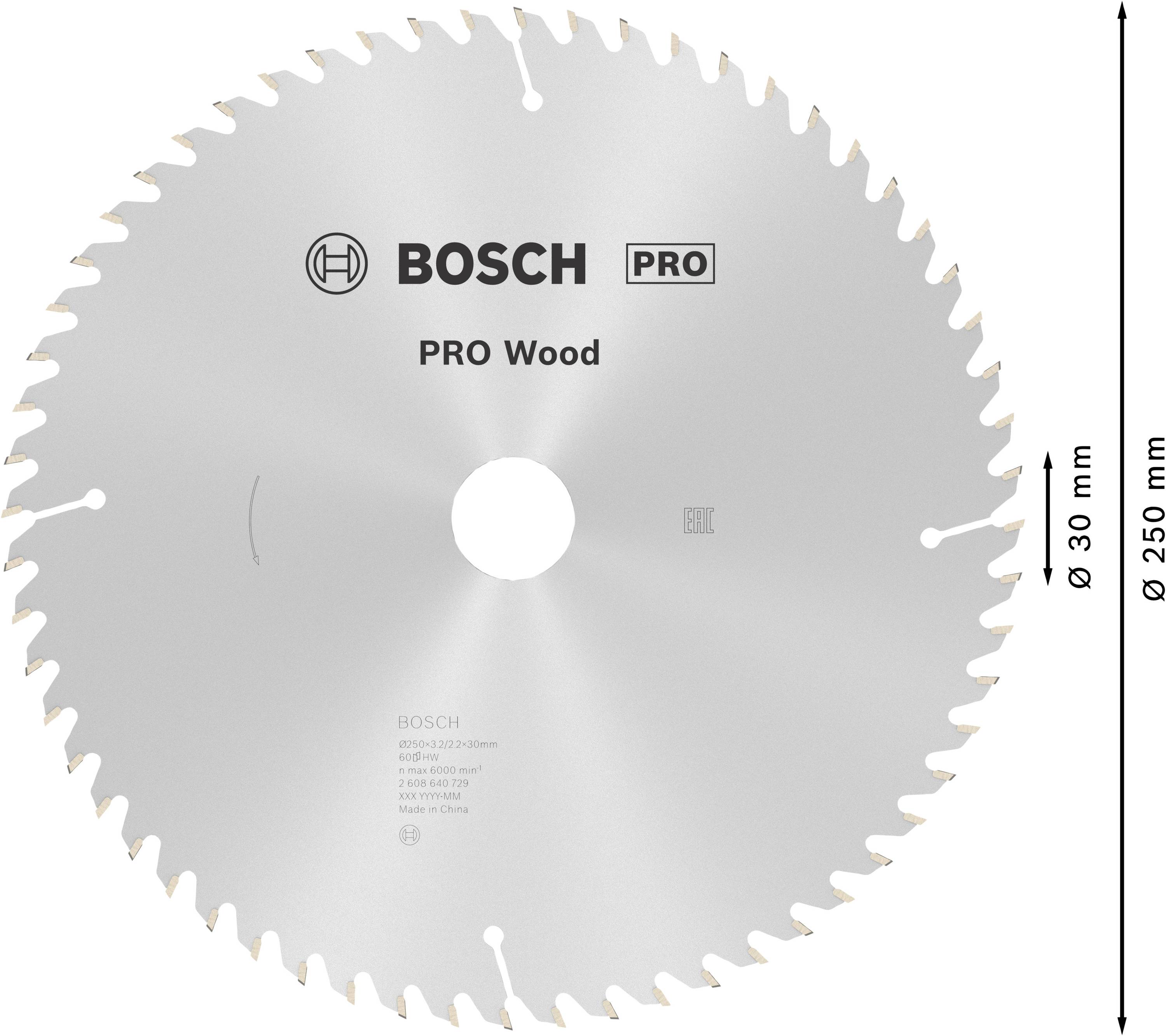 Kreissägeblatt, Marke Bosch, Modell PRO Wood, Durchmesser 250 mm, geeignet für Holz. Produktinformationen und Größenangabe sichtbar.