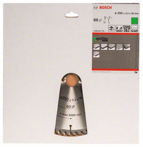 Bosch Accessories Optiline Wood 2608640729 Hartmetall Kreissägeblatt 250 x 30 x 3.2 mm Zähneanzahl: 60 1 St.