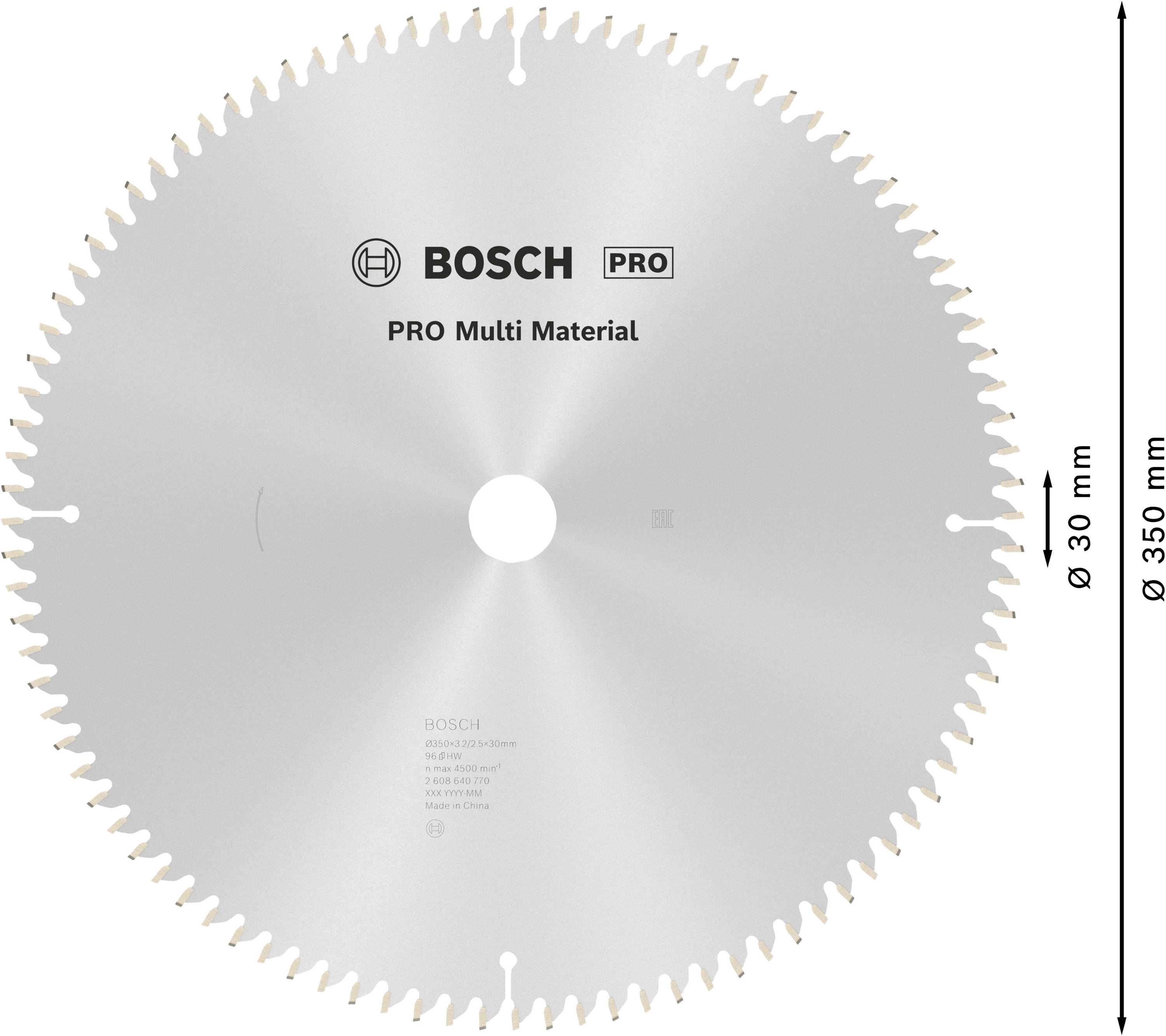Kreissägeblatt mit Aufschrift 'BOSCH PRO Multi Material', Durchmesser 350 mm, Bohrung 30 mm, geeignet für verschiedene Materialien.