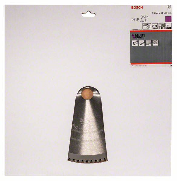 Sägeblatt für Multitool, Bosch, Ø 350 x 32 x 80 mm, mit Eignung für Holz. Abbildung zeigt Verpackung mit Produktname und Logo.