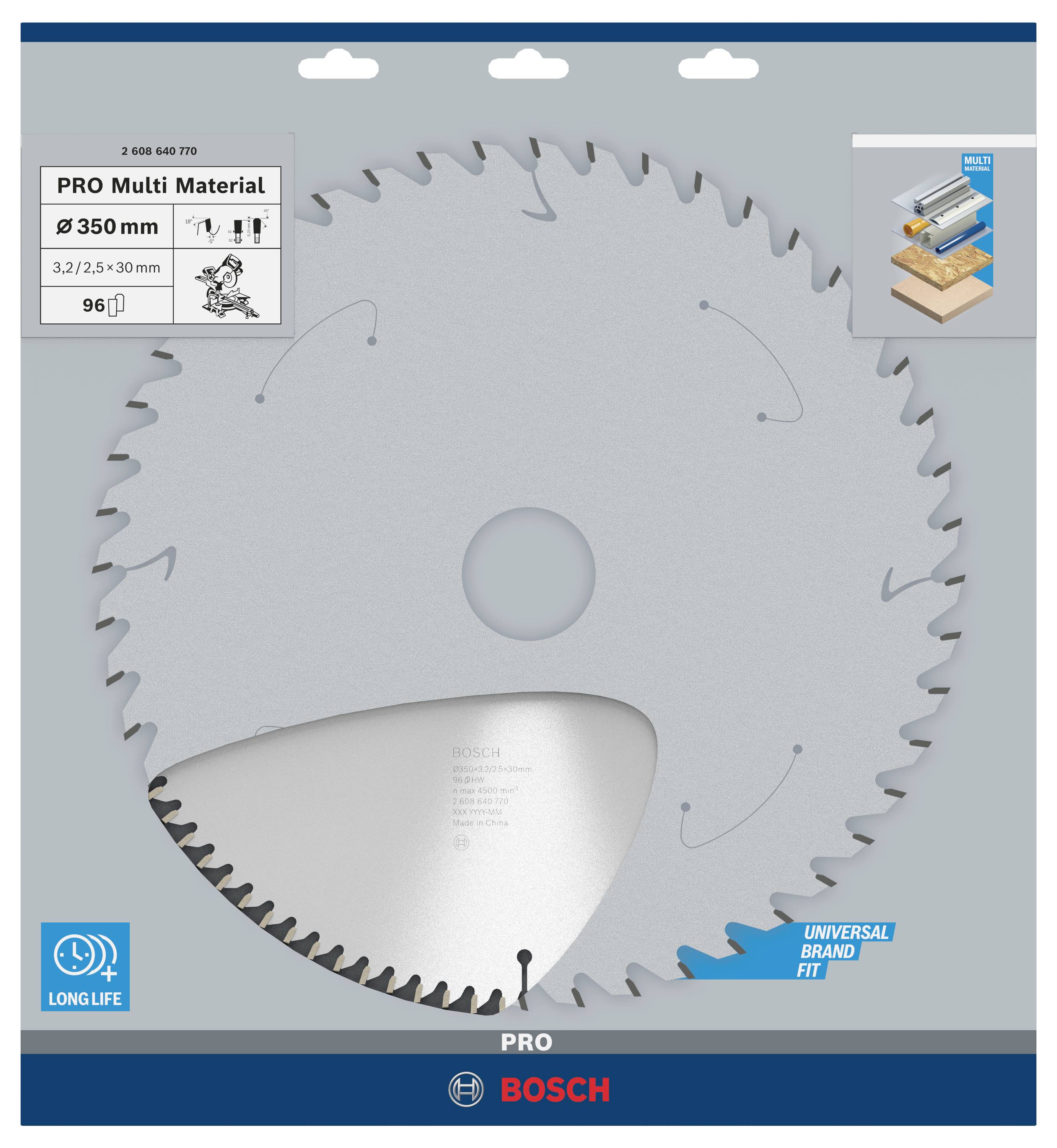 Kreissägeblatt von Bosch, 350 mm Durchmesser, geeignet für verschiedene Materialien, zeigt Verpackung mit Symbolen für Langlebigkeit und universelle Passform.