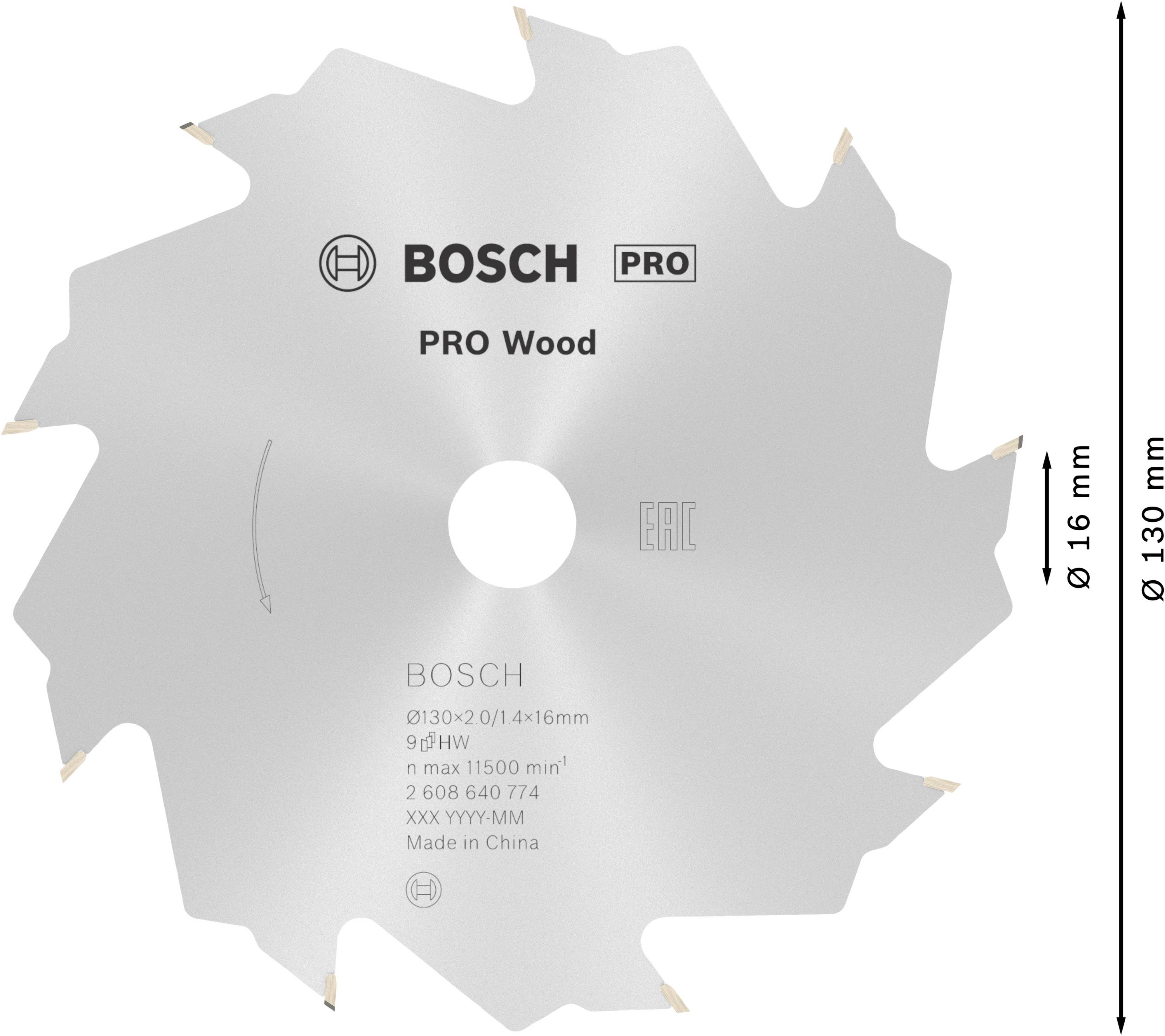 Sägeblatt 'BOSCH PRO Wood' mit 16 Zähnen, 130 mm Durchmesser, geeignet für Holzarbeiten. Enthält Markenlogo und Spezifikationen.