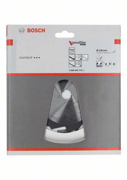 Verpackung einer Bosch Kreissägeblattscheibe, geeignet für Holz, mit 130 mm Durchmesser. Zeigt das Produkt und die Spezifikationen.