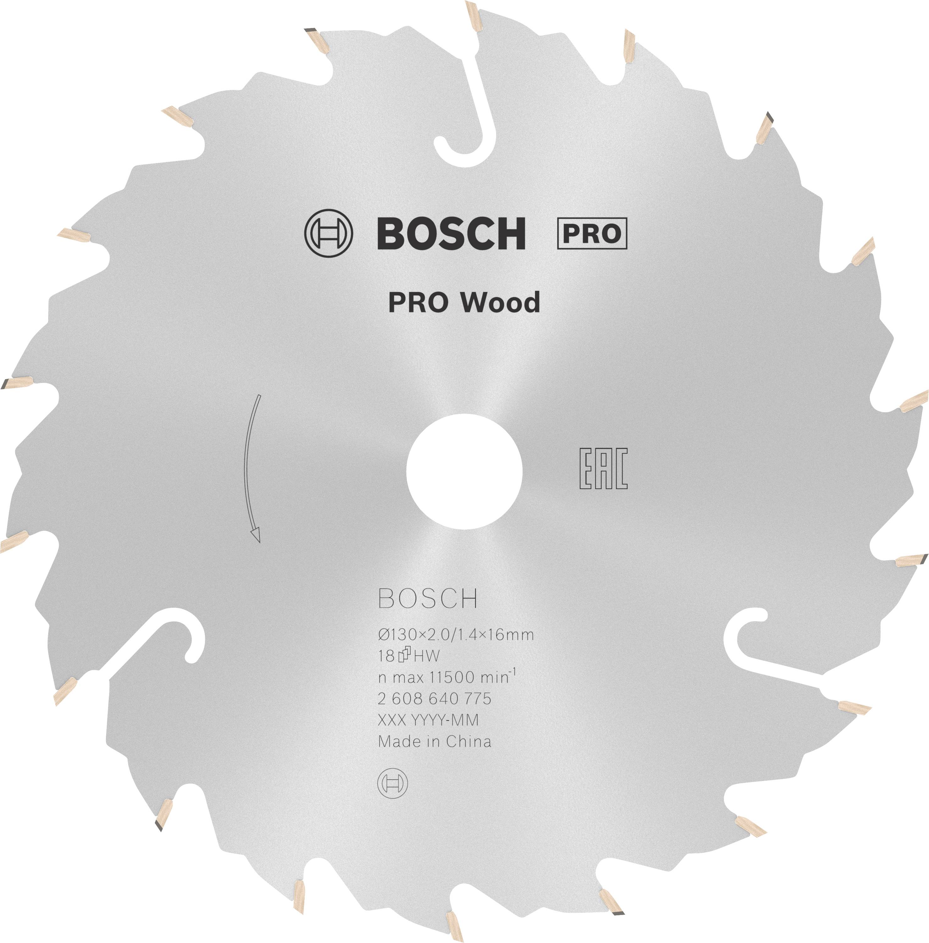 Kreissägeblatt mit Aufschrift 'Bosch PRO Wood'. Geeignet für Holz. Details zur Größe, maximalen Umdrehungen und Herstellungsort sichtbar.